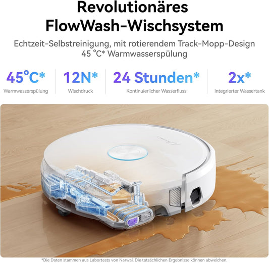 NARWAL Flow Saugroboter mit Wischfunktion, FlowWash-Moppsystem mit Echtzeit-Selbstreinigung, 22.000 Pa Wischroboter, Tierhaare DualFlow Tangle-Frei, 45-80°C Spülen und Heißlufttrocknung, Absaugstation