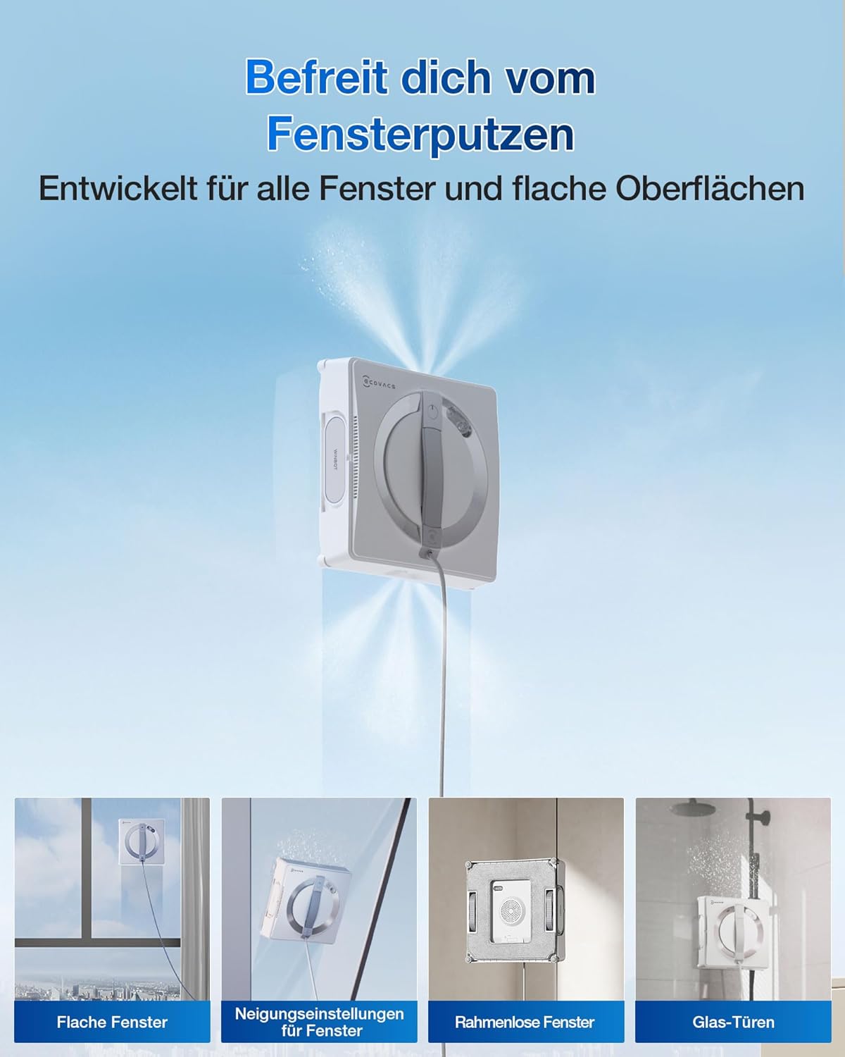 ECOVACS WINBOT W2 PRO Fensterputzroboter, 3-Düsen-Wassersprüher, 10-Stufen-Schutzsystem, Win-SLAM 4.0 Pfadplanung, Steady-Climbing-System, Kanten-Erkennung, App-Steuerung, Weiß