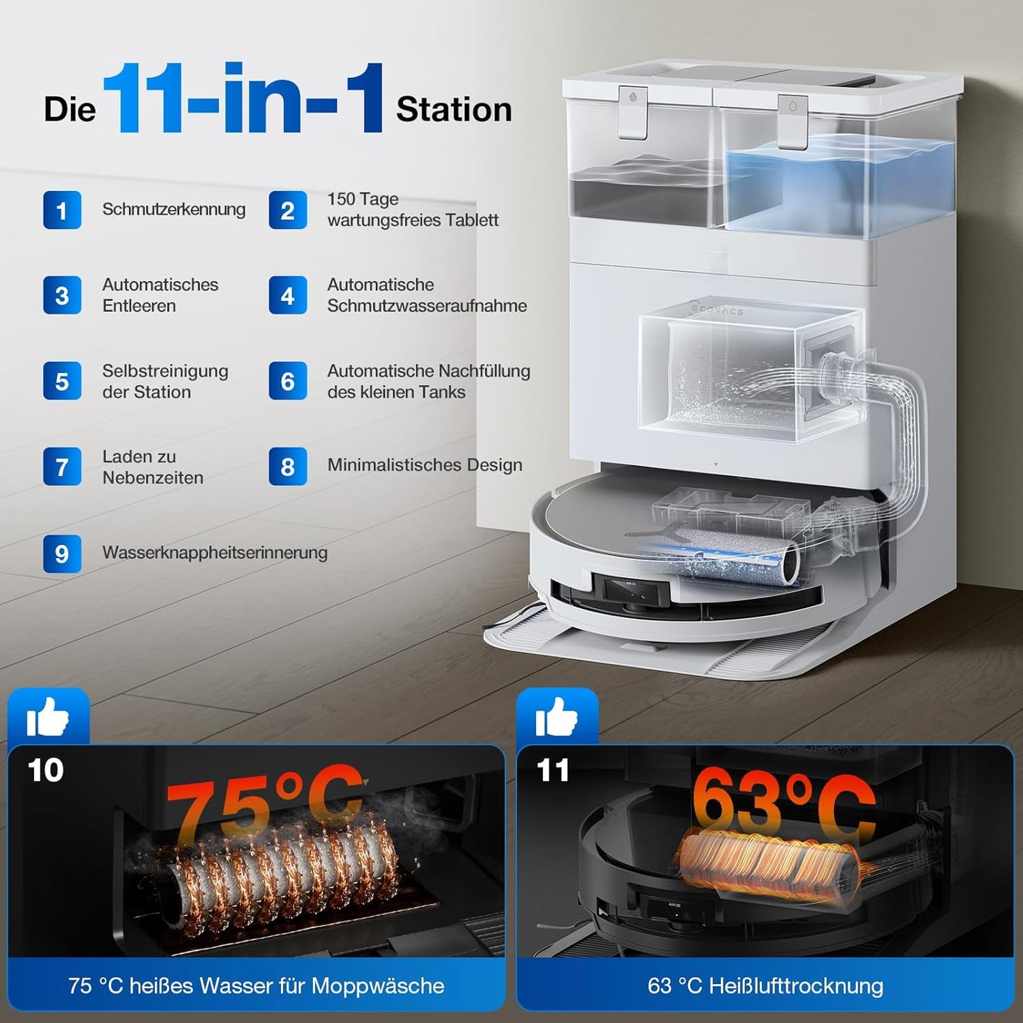 ECOVACS DEEBOT X8 PRO Omni Saugroboter mit Wischfunktion, OZMO Roller mit kontinuierliches Wischen & Selbstreinigung, 18.000 Pa, 12-in-1 Station, 40–75 °C Heißwasser-Moppreinigung, YIKO-GPT