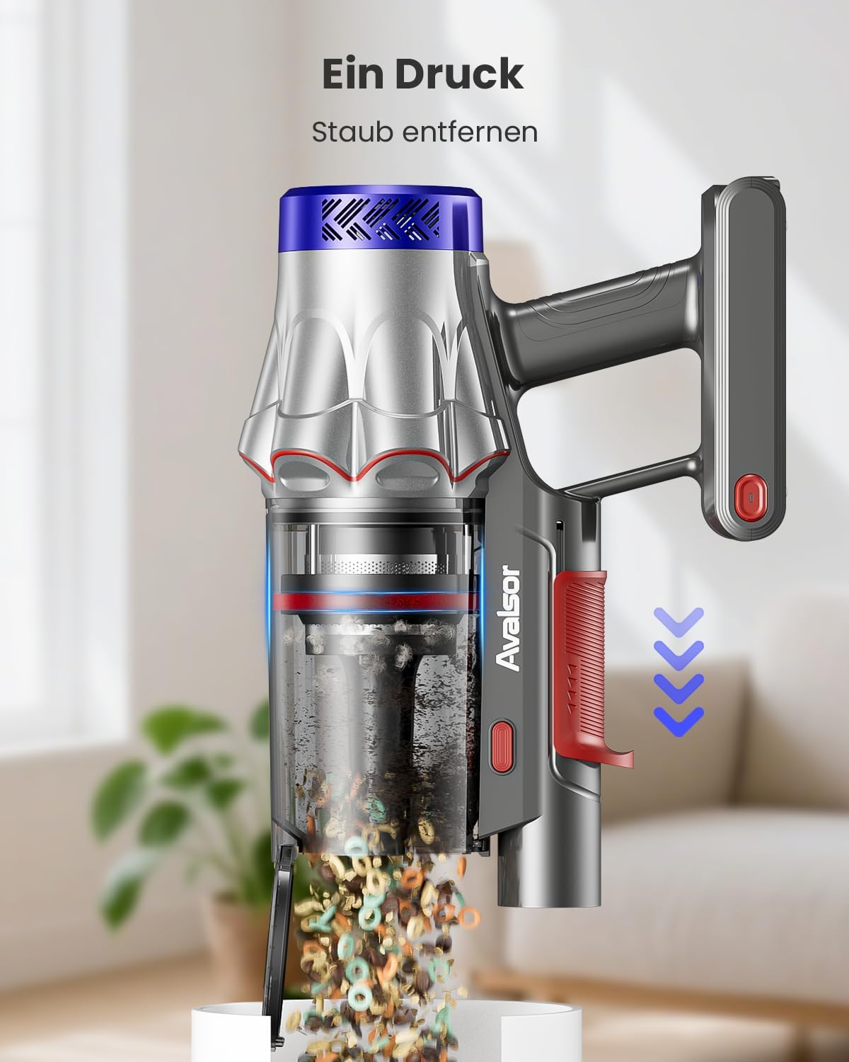 Avalsor Akku Staubsauger 48000Pa/580W/65Min, 1,8L Staubsauger Kabellos mit Staubabstreif-Funktion, Anti-Tangle-Bürste, 8-Fach-Filtration Akkustaubsauger Selbststehend für Teppiche/Tierhaare/Hartböden