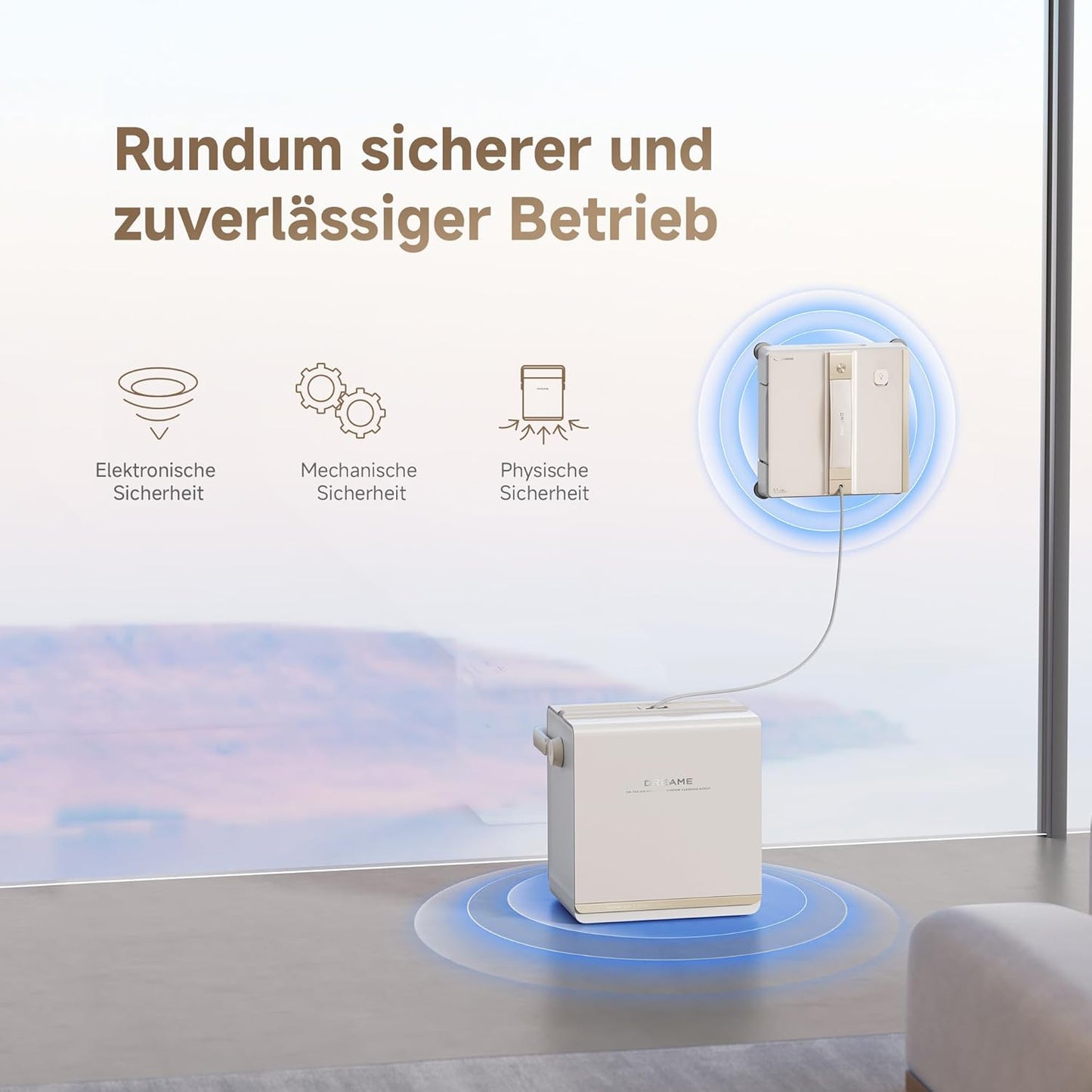dreame C1 Station Fensterputzroboter, Rundum-Sicherheitskonzept, Mobile Station, automatischer Kabeleinzug, CornerClean-Technologie, Dual-Spray-Technologie, intelligente Planung des Reinigungswegs