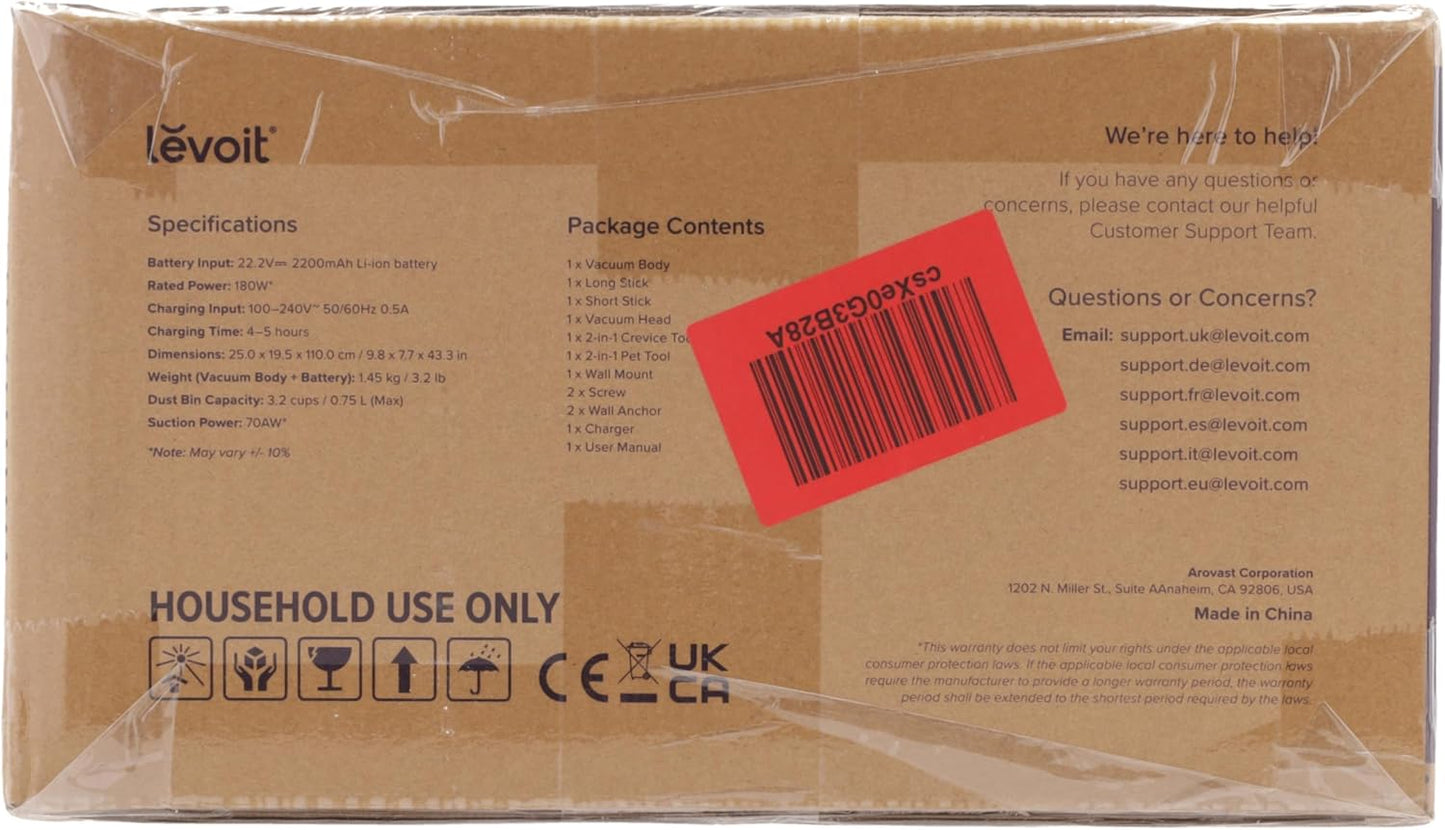 Levoit - Akku Staubsauger - Laufzeit für 75㎡ - Staubsauger Kabellos - 4-in-1 Vacuum Cleaner - 99,9 Prozent Filterleistung - Anti Tangle -Für Tierhaare/Teppiche/Hartböden/Auto - LVAC-200
