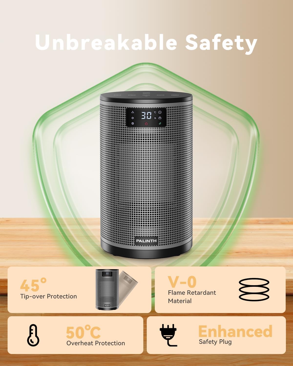 PALINTH Heizlüfter Energiesparend, 1500W Elektroheizung PTC-Keramik Heizung, 4 Modi Tragbare Heizstrahler mit Thermostat, Überhitzung & Tip Over Schutz, 8H Timer, für Indoor