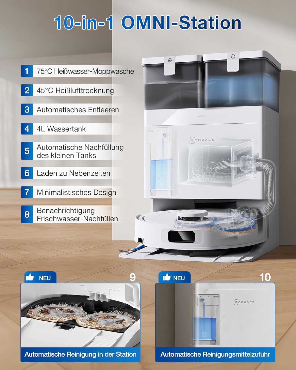 ECOVACS DEEBOT T30C Omni, Saugroboter mit Wischfunktion, 20.000 Pa, OZMO Turbo 2.0 Wischen, ZeroTangle 3.0 Anti-Verheddern, TruEdge 2.0 Kantenreinigung, All-in-One-Station, 75°C Moppwäsche, Schwarz