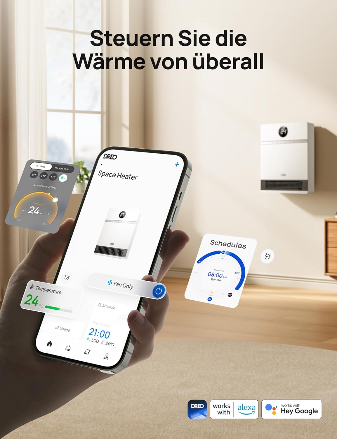 Dreo Smart Wandkonvektor, 30° Lüfterauslass, 2000W, einstellbarer Thermostat, Fernbedienung, Wochentimer, einfach zu montierende Heizung für den Innenbereich, kompatibel mit Alexa