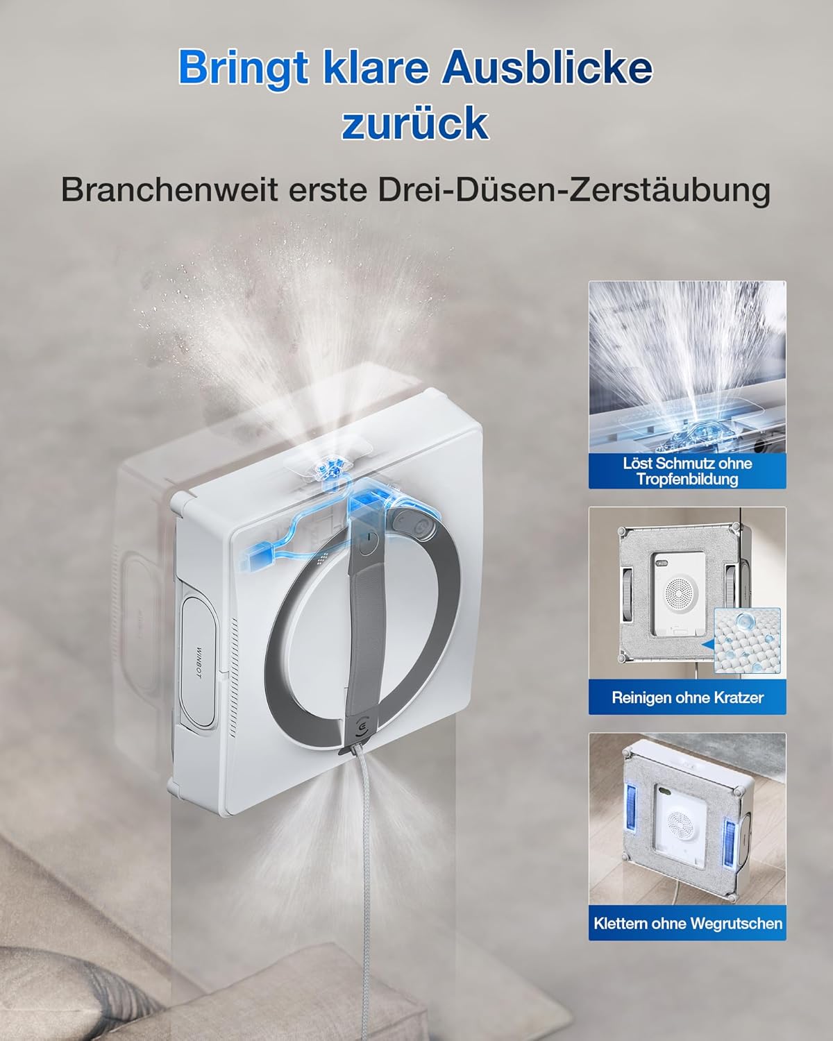 ECOVACS WINBOT W2 PRO Fensterputzroboter, 3-Düsen-Wassersprüher, 10-Stufen-Schutzsystem, Win-SLAM 4.0 Pfadplanung, Steady-Climbing-System, Kanten-Erkennung, App-Steuerung, Weiß