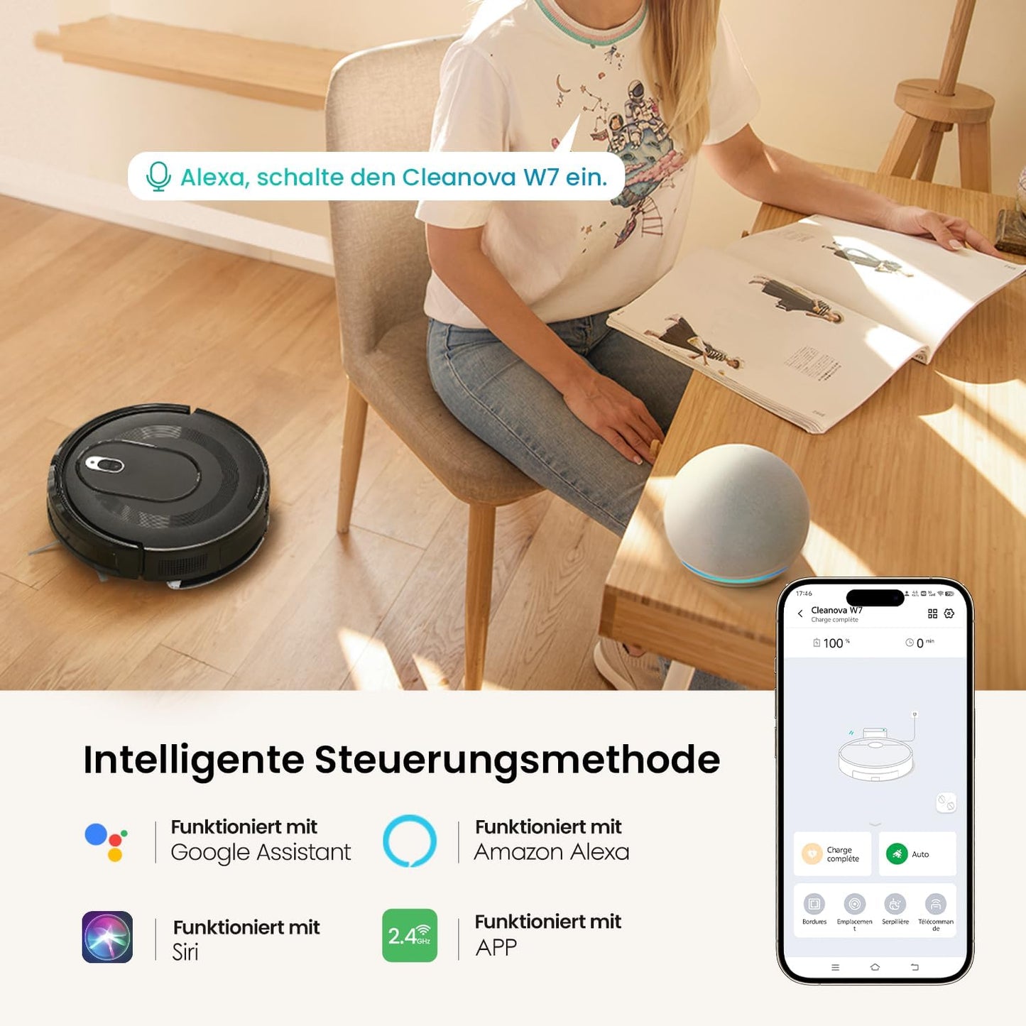 Vexilar W7 Saug und Wischroboter 3 in 1, 4000Pa Saugroboter mit Wischfunktion, Bürstenloses Düsendesign, 120Mins Max, Schlank und Geräuscharm Roboterstaubsauger ideal für Tierhaare, Hartböden, Teppich