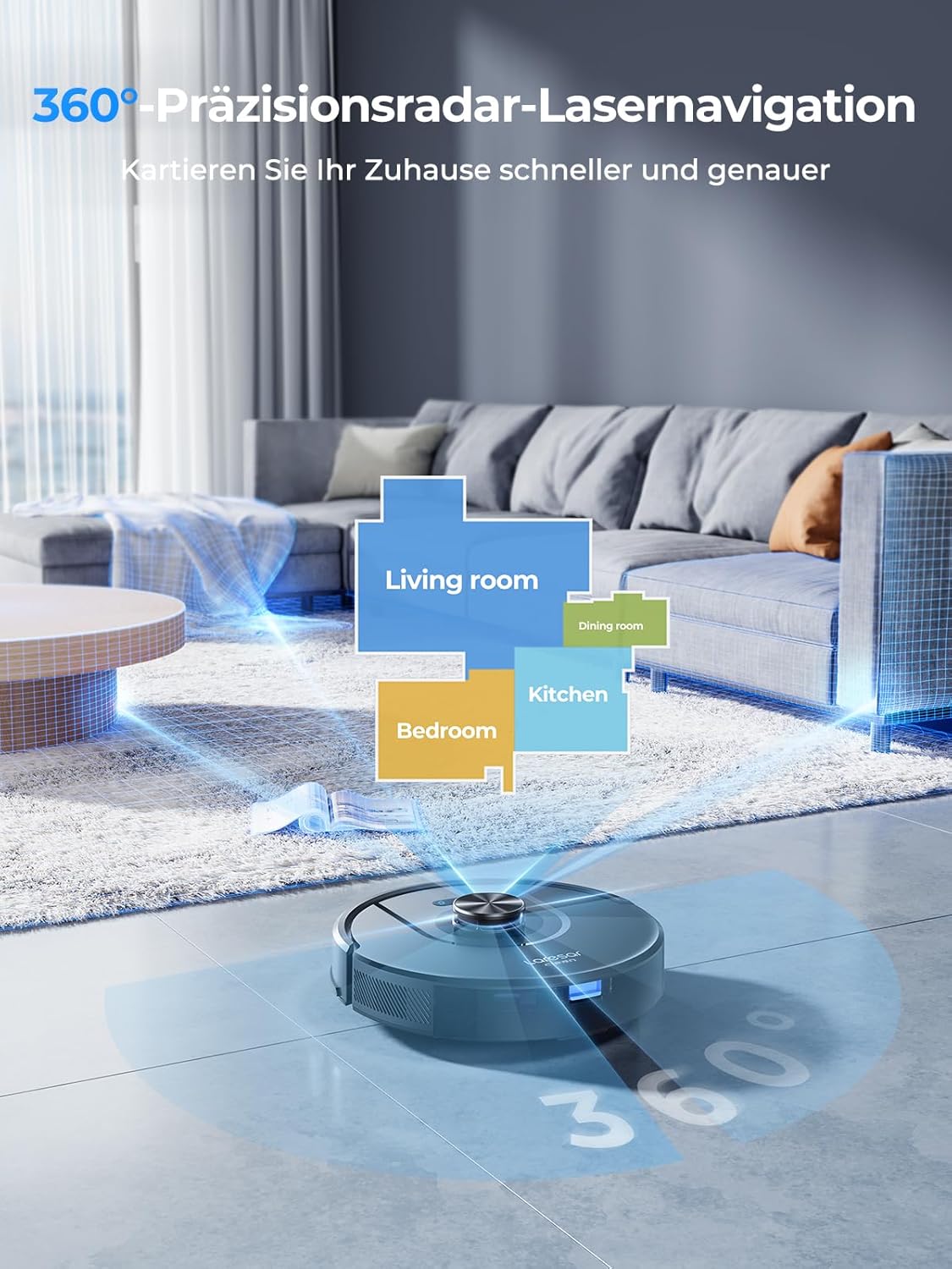 Laresar Clean Saugroboter mit Wischfunktion 3 in 1, 5000Pa Staubsauger Roboter mit Laser Navigation, 180Mins Max, Saugroboter Ideal für Tierhaare,Teppich, Hartboden, APP Steuerung, 15 No-Go