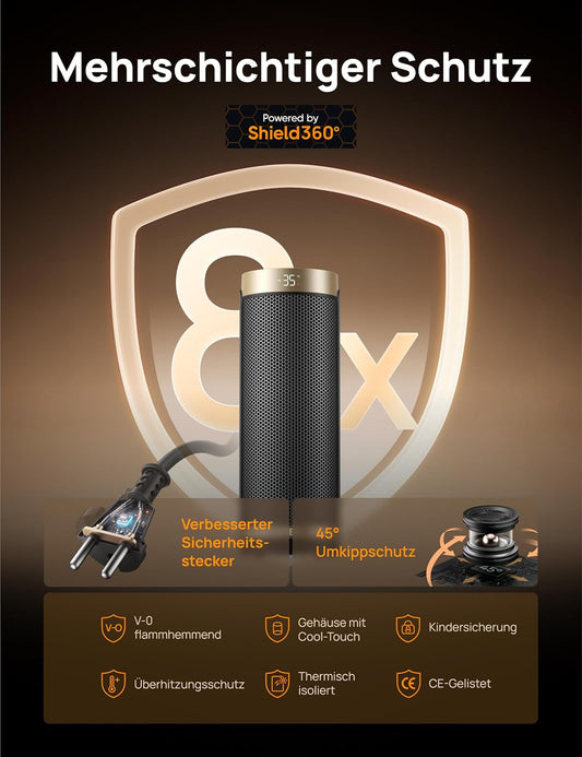 Dreo Heizlüfter Energiesparend, PTC Keramik Heizlüfte Leise, 70° Oszillierend Elektroheizung mit Fernbedienung, 12-Std-Timer, 3 Modus 3 Geschwindigkeit, Überhitzungs-Kippschutz, Solaris Slim H3