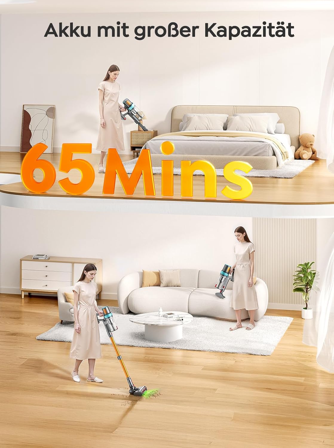 Akku Staubsauger 50KPA/600W/65Min,Selbststehender Staubsauger Kabellos mit 1M Ausziehbarer Schlauch,Wandladestation,Automatikmodus,Anti-Tangle-Bürste,Mehrstufige Filtration für Teppiche/Hartböden/Auto