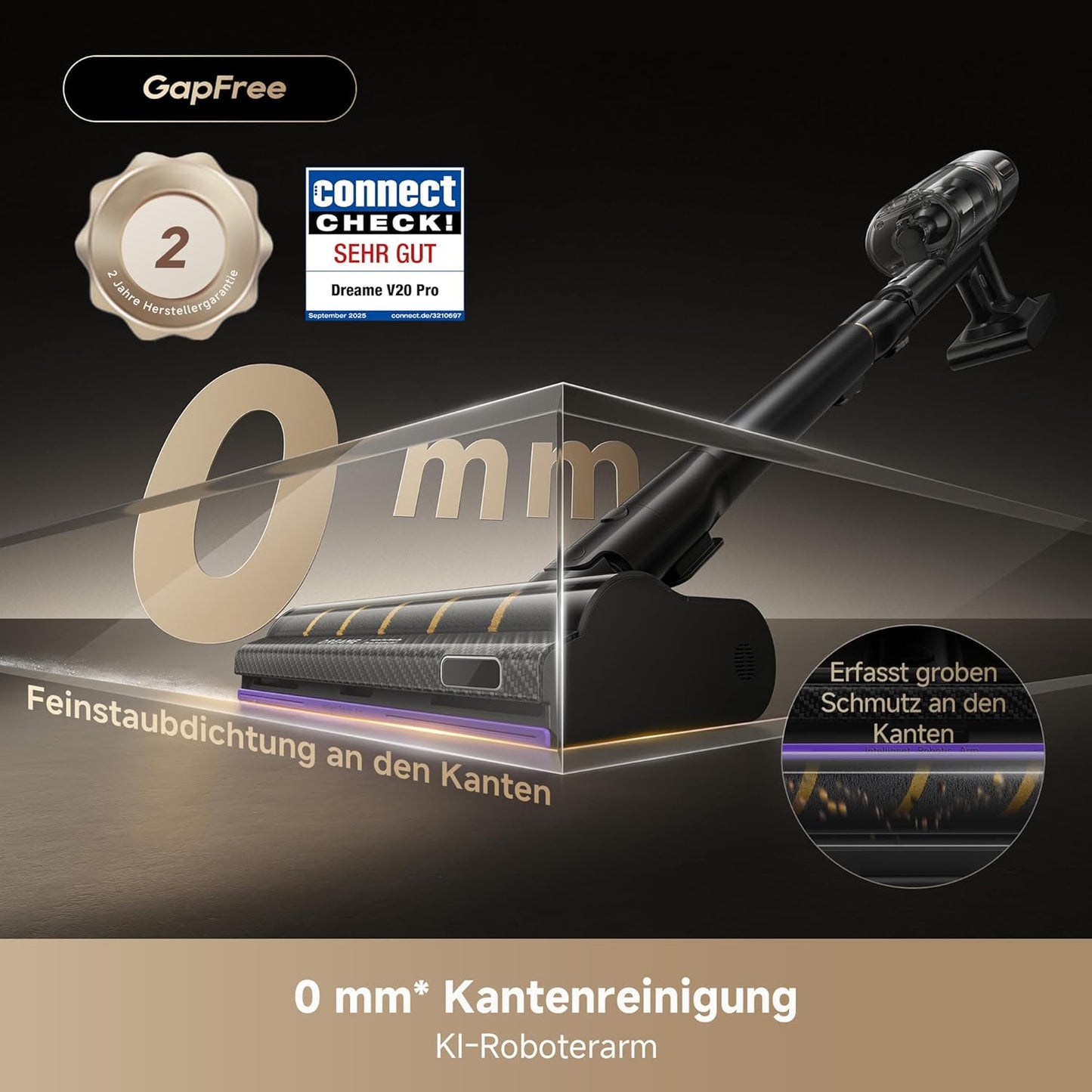 dreame V20 Pro-A Kabelloser Staubsauger, Kantenreinigung 0 mm, ohne Verheddern, für Hartböden und Teppiche, 210 AW Saugkraft, 90 Min. maximale Laufzeit, Filterung 99,99%, entfernt Tierhaare