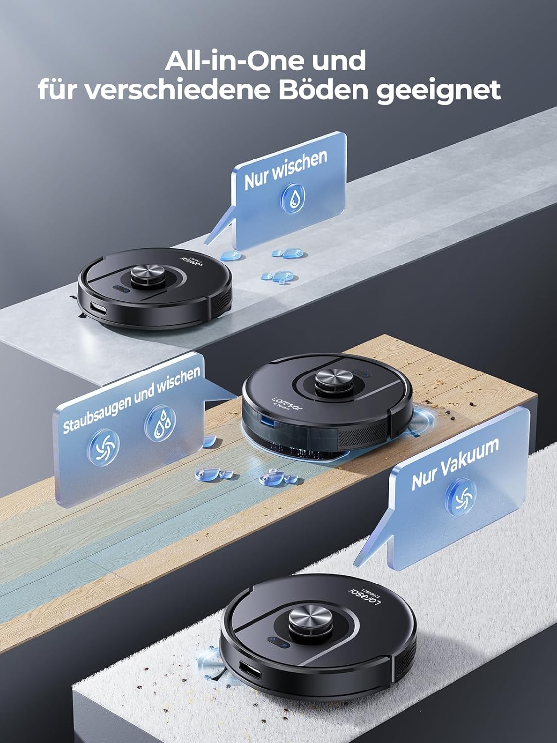 Laresar Clean Saugroboter mit Wischfunktion 3 in 1, 5000Pa Staubsauger Roboter mit Laser Navigation, 180Mins Max, Saugroboter Ideal für Tierhaare,Teppich, Hartboden, APP Steuerung, 15 No-Go