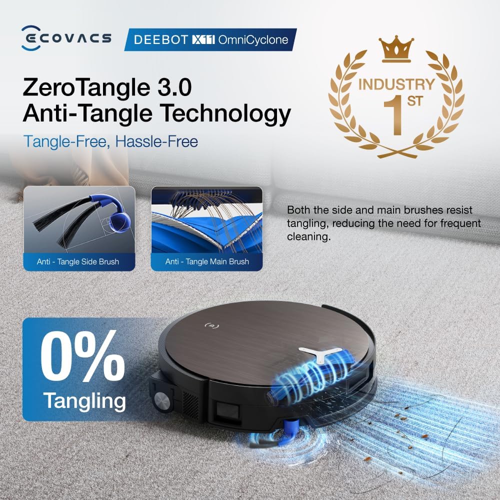 ECOVACS X11 OMNICYCLONE Saugroboter mit Wischfunktion, Blast + 19.500 Pa, ultraschnelles Akkuladen, OZMO Roller 2.0, Klettern max. 4 cm Höhe, Ausfahrender Wischmopp, PureCyclone 2.0 Auto-Entleerung