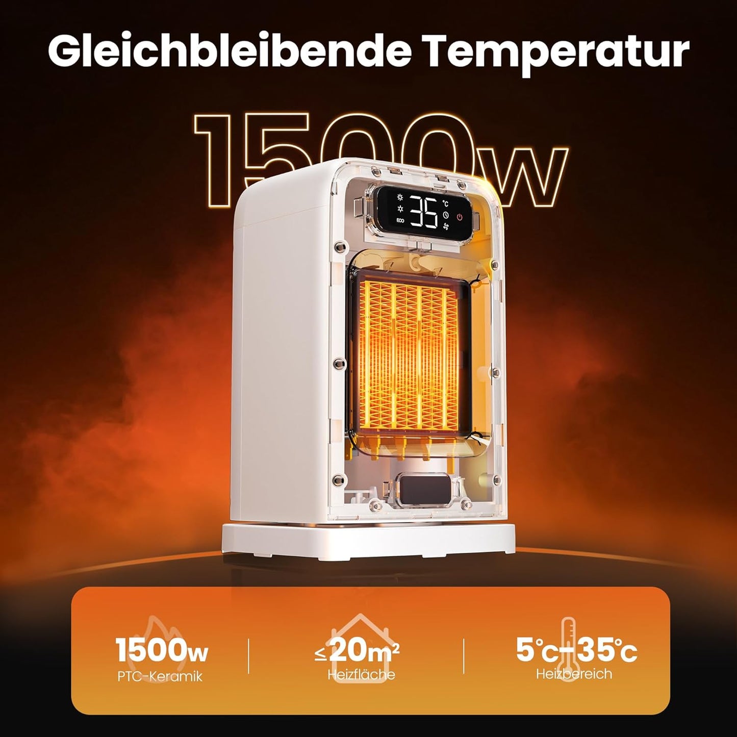 FLANUR Tragbarer Heizlüfter mit Thermostat, 1500W PTC-Keramik-Schnellheizung & ECO-Modus - 2-in-1-Heizlüfter, Digitalanzeige, 12-Stunden-Timer, unter 35dB leiser Heizlüfter-Schwarz, 1Pack+2Modes