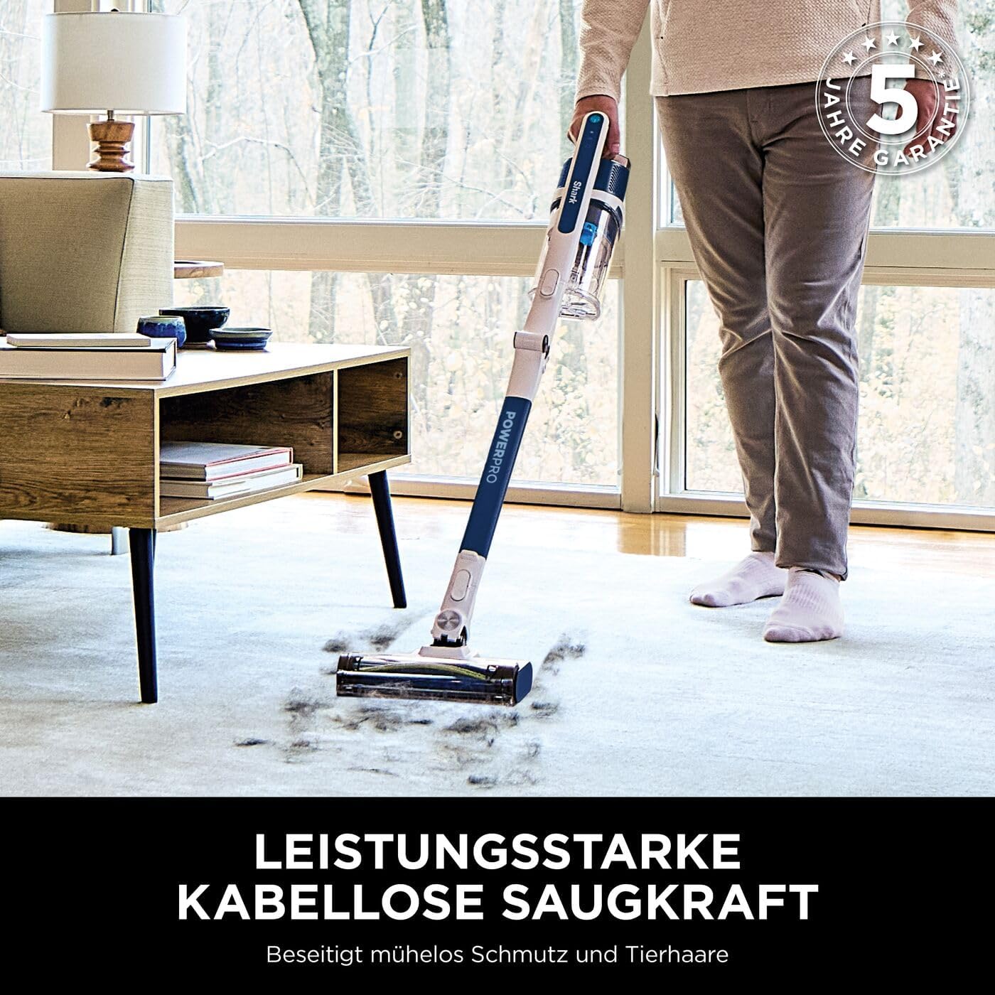 Shark PowerPro Akku-Staubsauger freistehend, bis 50 Min. Laufzeit, kabellos, beutellos, für Tierhaare, Allergiker, Teppich und Hartböden, mit LED-Licht und Knickgelenk-Rohr, Navyblau, IZ380EU