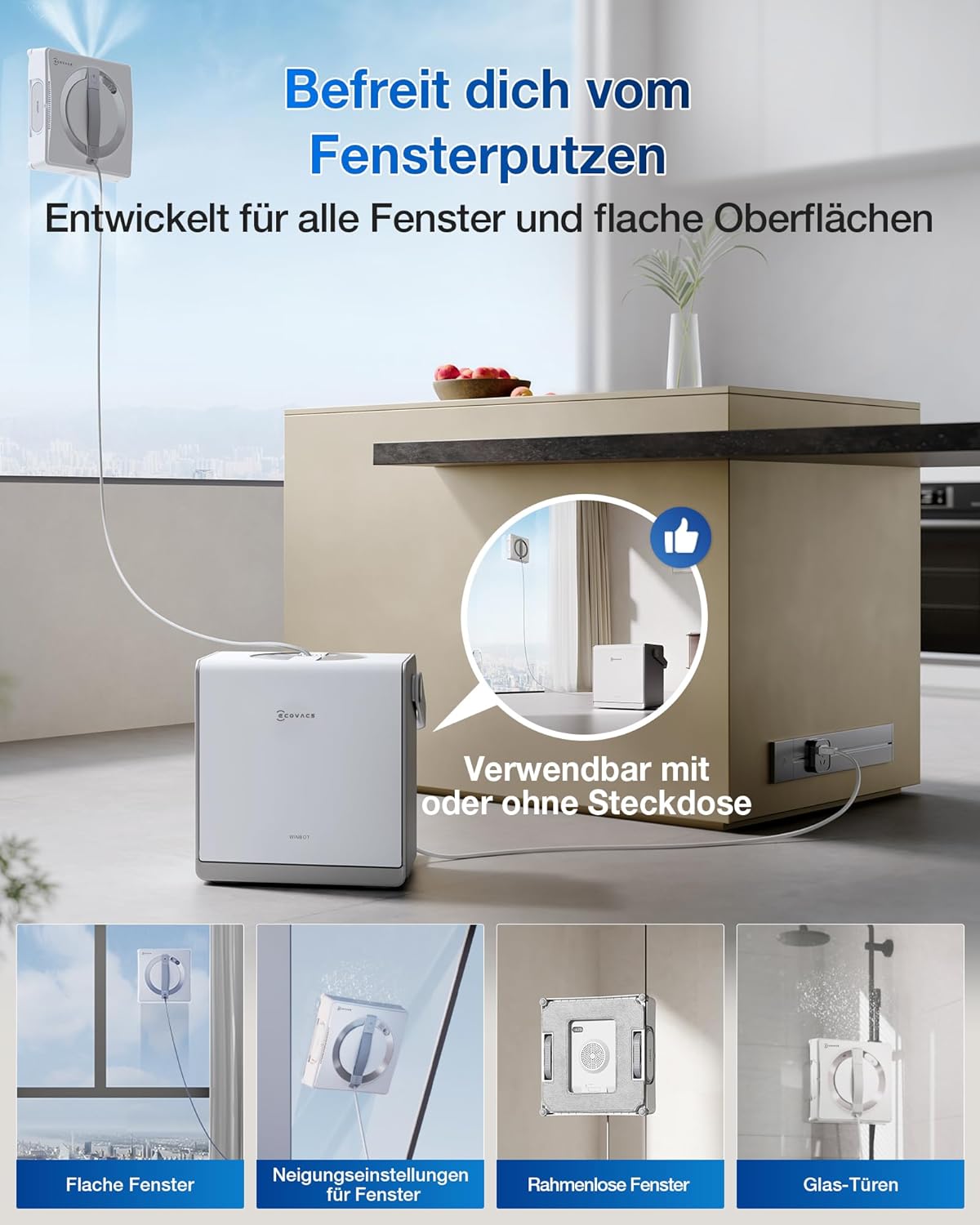 ECOVACS WINBOT W2 PRO Fensterputzroboter, 3-Düsen-Wassersprüher, 10-Stufen-Schutzsystem, Win-SLAM 4.0 Pfadplanung, Steady-Climbing-System, Kanten-Erkennung, App-Steuerung, Weiß