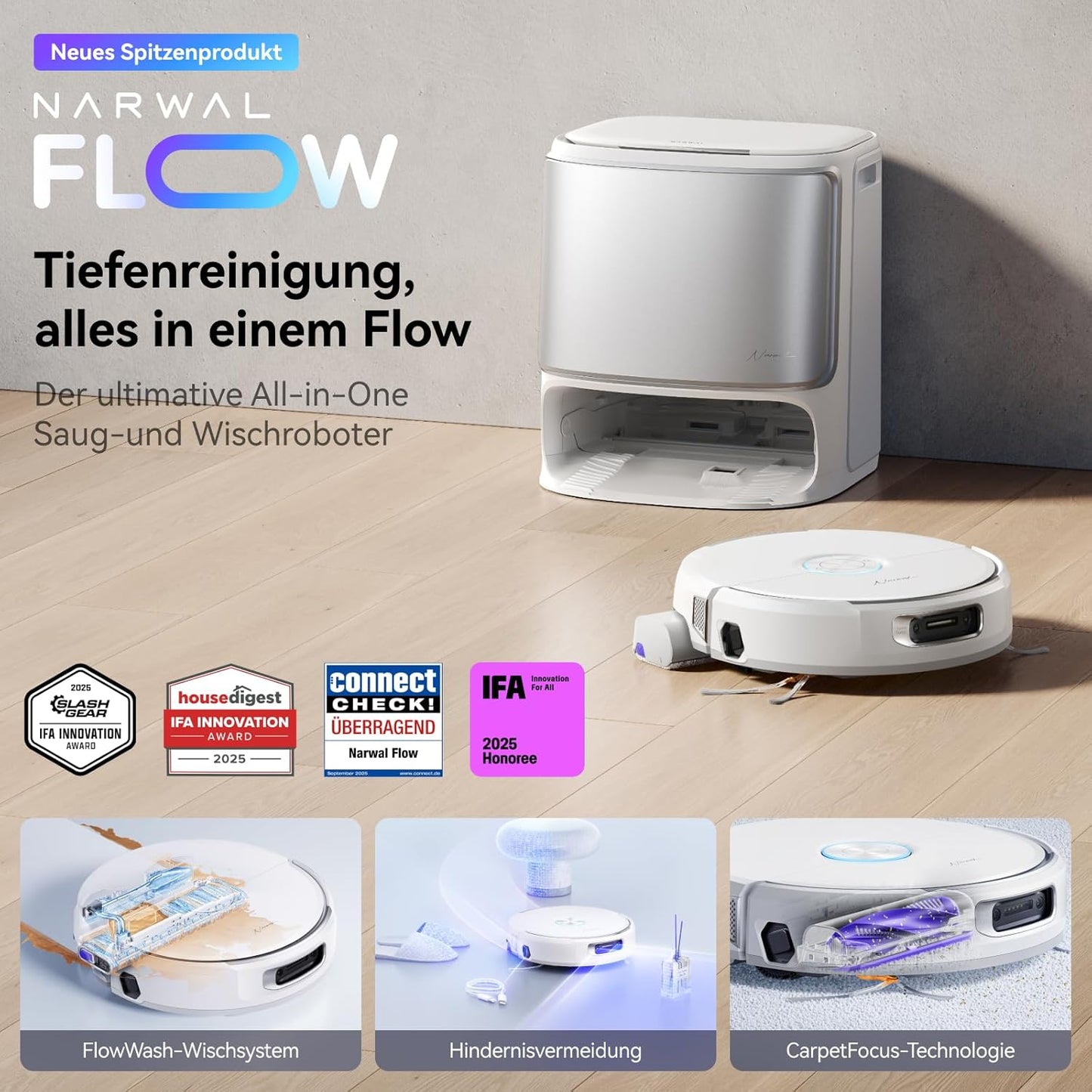 NARWAL Flow Saugroboter mit Wischfunktion, FlowWash-Moppsystem mit Echtzeit-Selbstreinigung, 22.000 Pa Wischroboter, Tierhaare DualFlow Tangle-Frei, 45-80°C Spülen und Heißlufttrocknung, Absaugstation