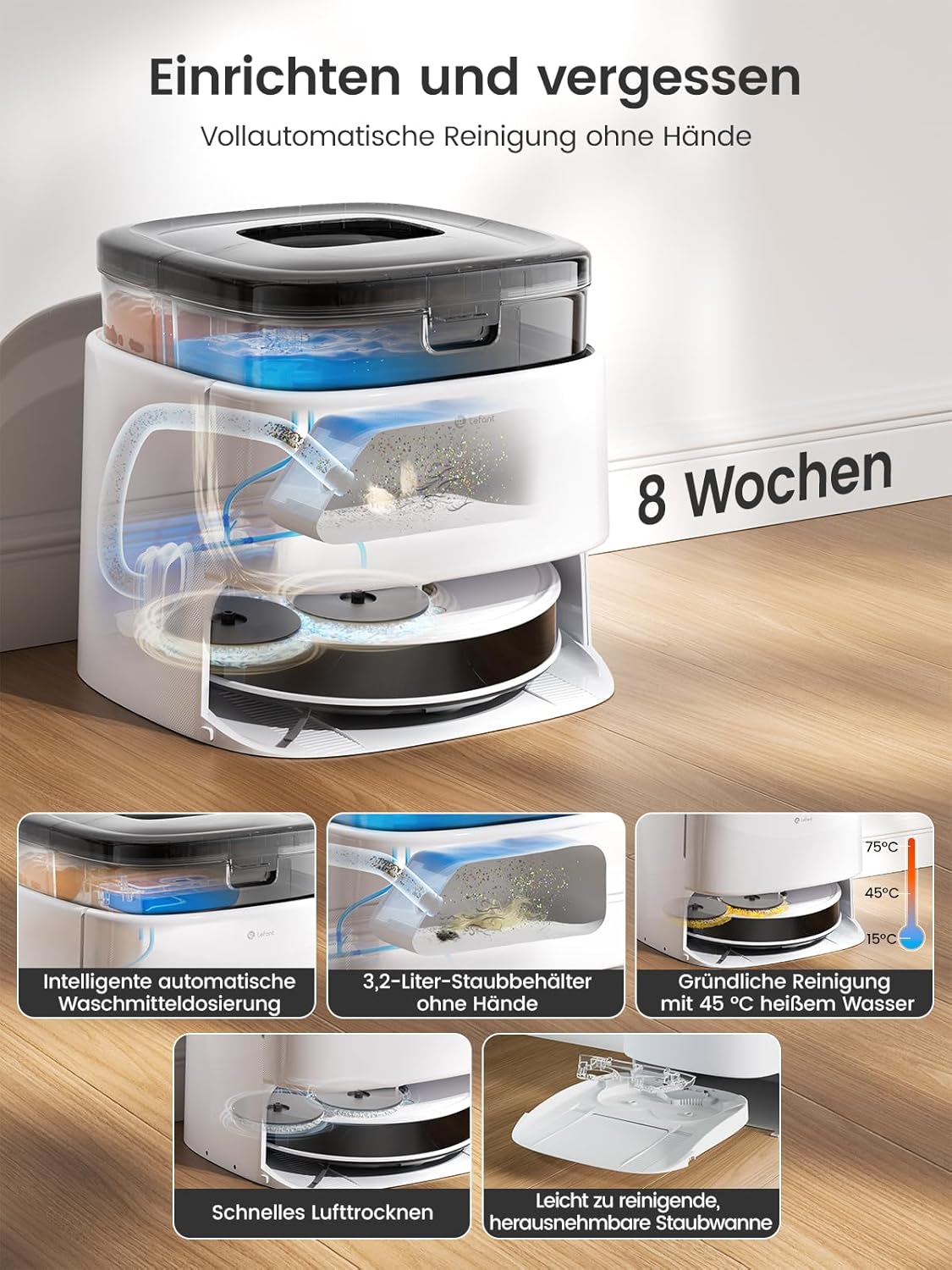 LEFANT M3 Gen2 Saugroboter mit Wischfunktion, 12000 Pa Saugleistung, Automatische Staubentleerung, LiDAR Navigation, Teppicherkennung, Freemove 3.0 App & Sprachsteuerung, 8 Wochen Hands-Free Reinigung