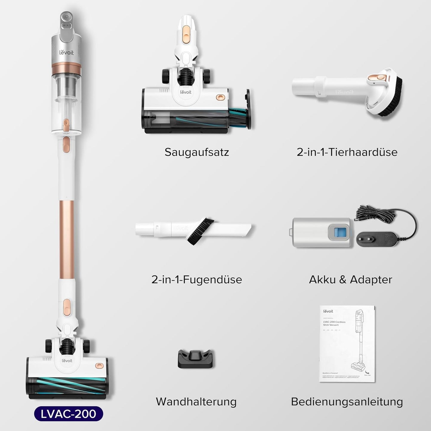 Levoit - Akku Staubsauger - Laufzeit für 75㎡ - Staubsauger Kabellos - 4-in-1 Vacuum Cleaner - 99,9 Prozent Filterleistung - Anti Tangle -Für Tierhaare/Teppiche/Hartböden/Auto - LVAC-200