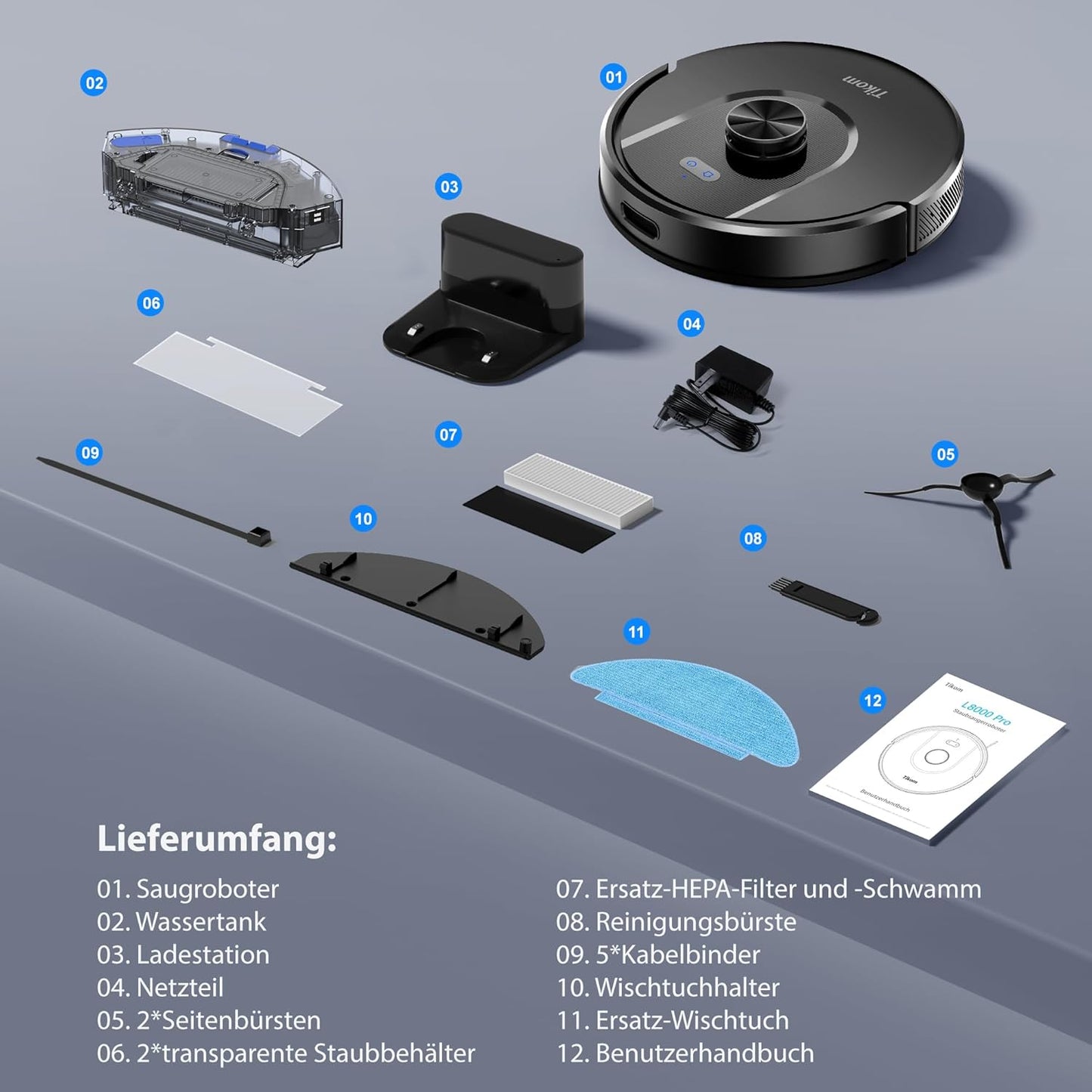 Tikom Saugroboter mit Wischfunktion, 6000Pa Staubsauger Roboter mit LiDAR Navigation, 150Min Max, APP Steuerung, 14 No-Go-Zonen, Saug und Wischroboter für Tierhaare, Teppiche und Hartboden(L8000 Pro)