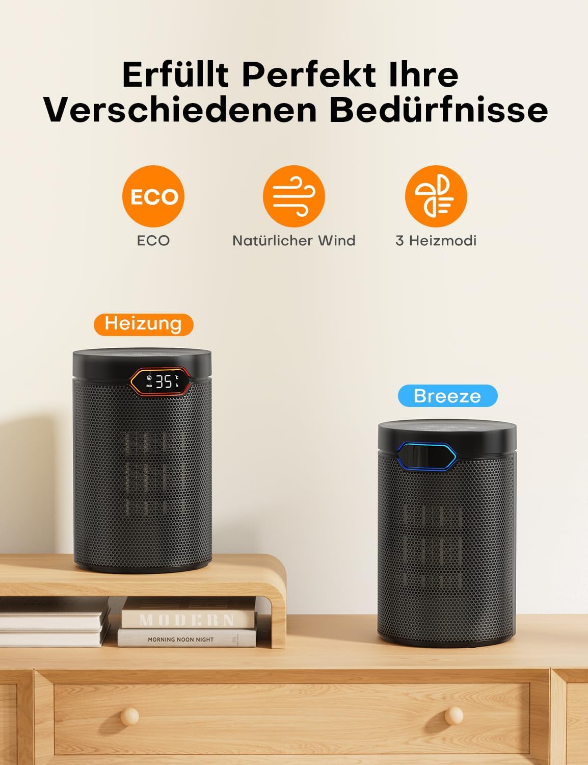 QEXREED Heizlüfter, 1500W, PTC Heizlüfter Energiesparend mit ECO Modus, 4 Heizmodi, Breeze Modus, Thermostat, 24H Timer, Fernbedienung, Überhitzungs- & Kippschutz, Tragbar & Leise, für Zuhause, Büro
