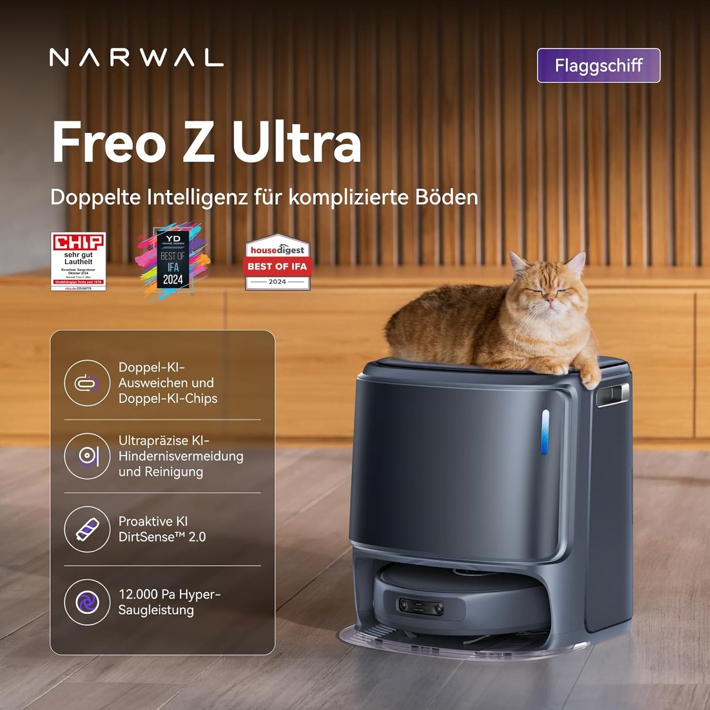 NARWAL Freo Z10 Ultra Saugroboter mit Wischfunktion, 18.000 Pa Saugleistung, dynamische Moppausdehnung, Tangle-Free System, intelligente Nass-Trocken-Reinigung, All-in-One-Basisstation
