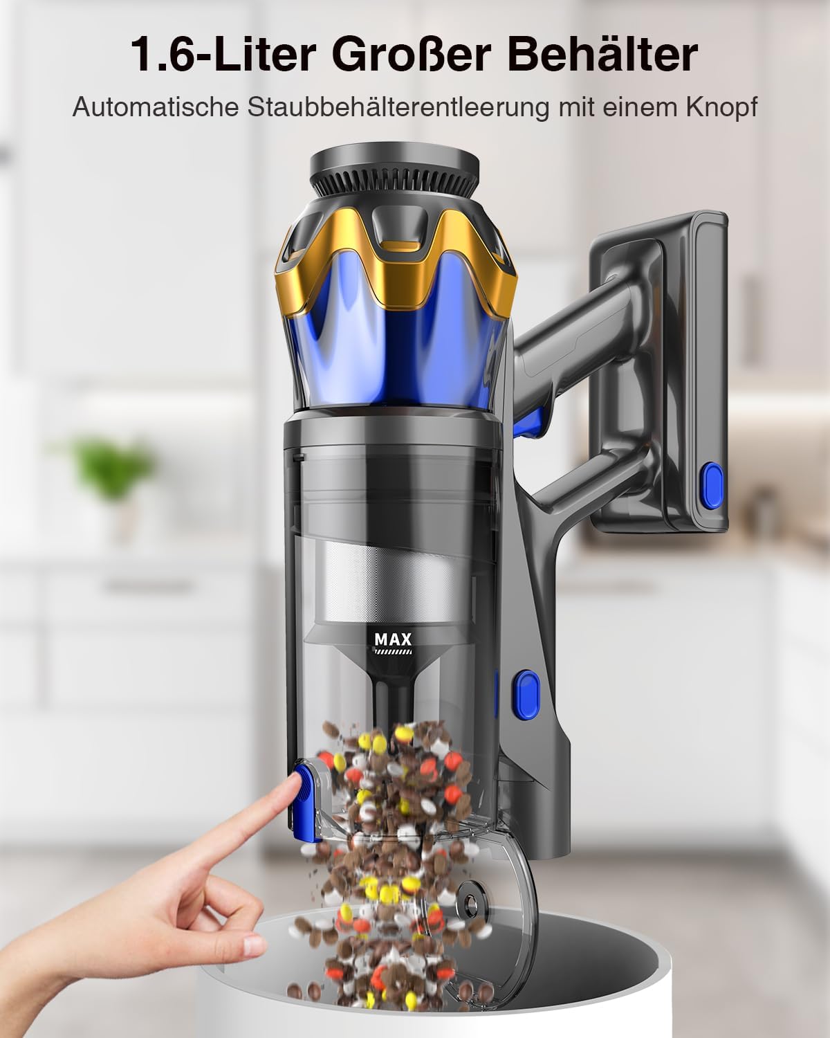 Akku Staubsauger 45000Pa/550W/65Min, 1,6L Staubsauger Kabellos mit Display, Anti-Tangle-Bürste, Selbststehend, Wandladestation, 8-Schicht-Filtration, Ultraleise, für Tierhaare/Teppiche/Hartböden/Auto