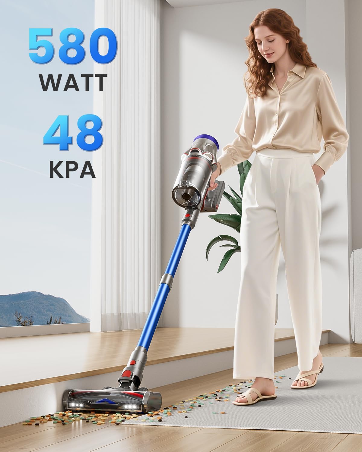 Avalsor Akku Staubsauger 48000Pa/580W/65Min, 1,8L Staubsauger Kabellos mit Staubabstreif-Funktion, Anti-Tangle-Bürste, 8-Fach-Filtration Akkustaubsauger Selbststehend für Teppiche/Tierhaare/Hartböden