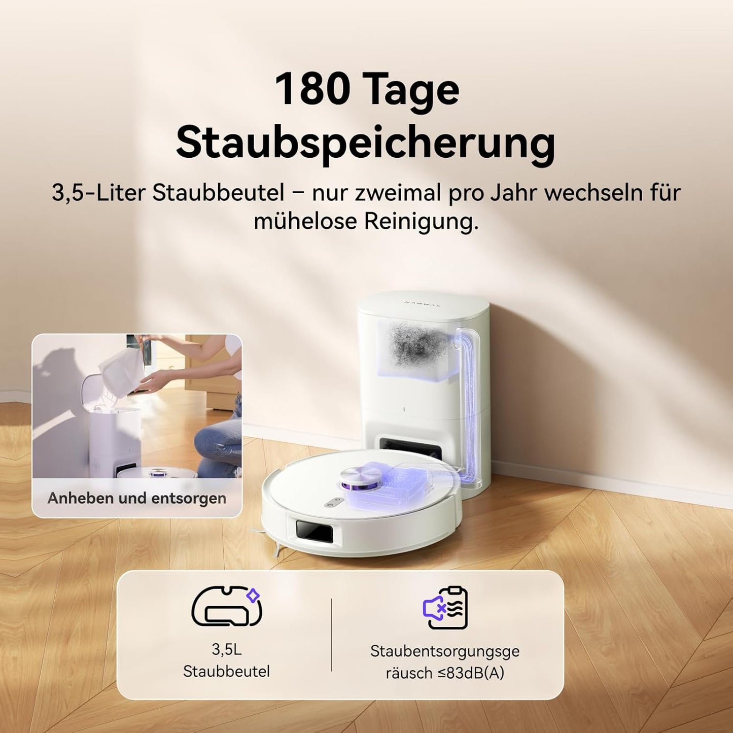 NARWAL Freo S Saugroboter mit Wischfunktion, 8000Pa, 8N Reinigungsdruck, Auto-Entstaubungsstation 3.5L, LDS-Lasernavigation und 3D Mapping, APP-Fernsteuerung, Wischroboter für Teppich/Tierhaare