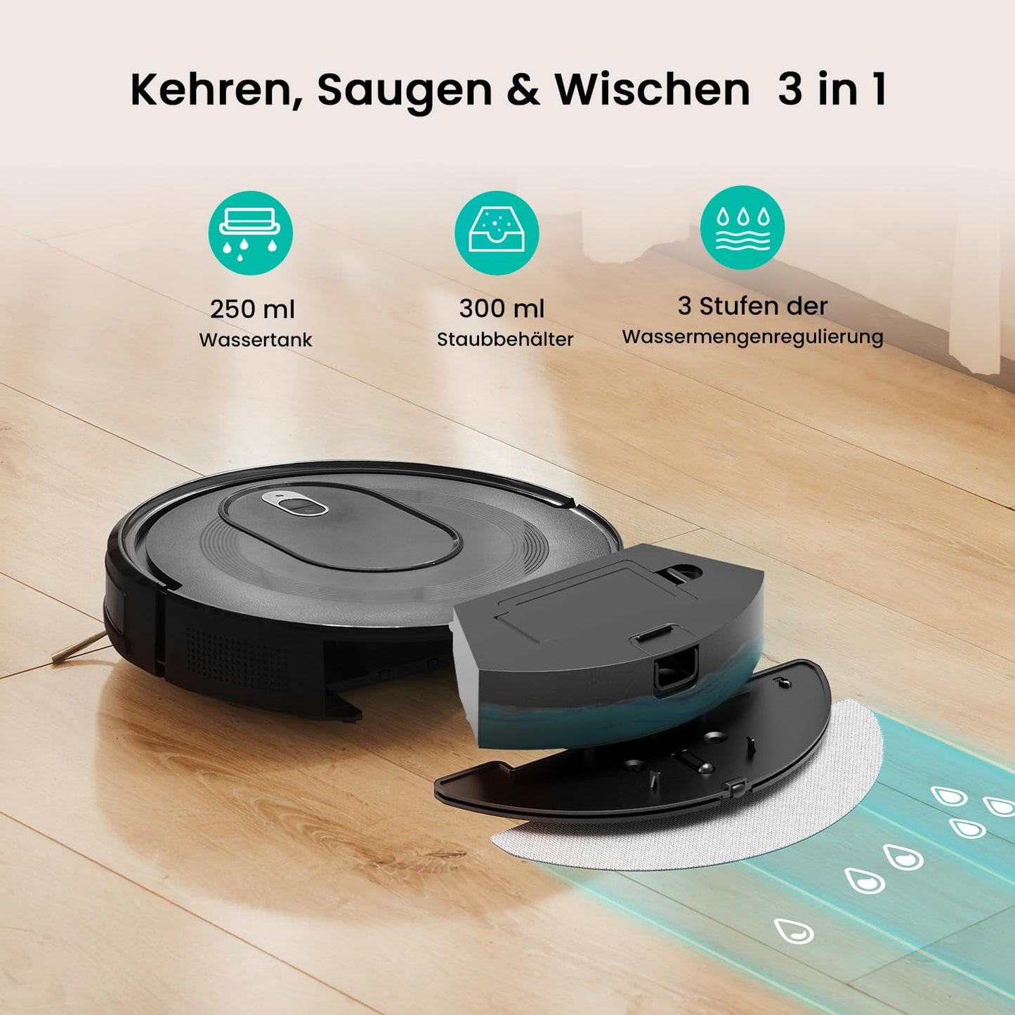 Vexilar W7 Saug und Wischroboter 3 in 1, 4000Pa Saugroboter mit Wischfunktion, Bürstenloses Düsendesign, 120Mins Max, Schlank und Geräuscharm Roboterstaubsauger ideal für Tierhaare, Hartböden, Teppich