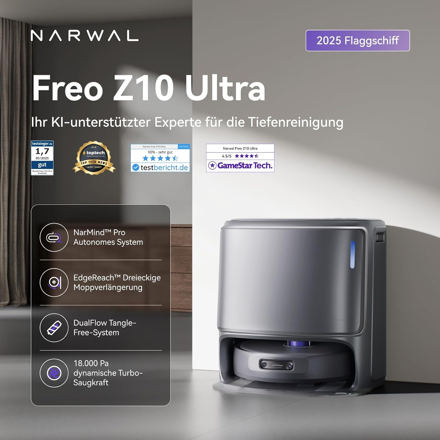 NARWAL Freo Z10 Ultra Saugroboter mit Wischfunktion, 18.000 Pa Saugleistung, dynamische Moppausdehnung, Tangle-Free System, intelligente Nass-Trocken-Reinigung, All-in-One-Basisstation