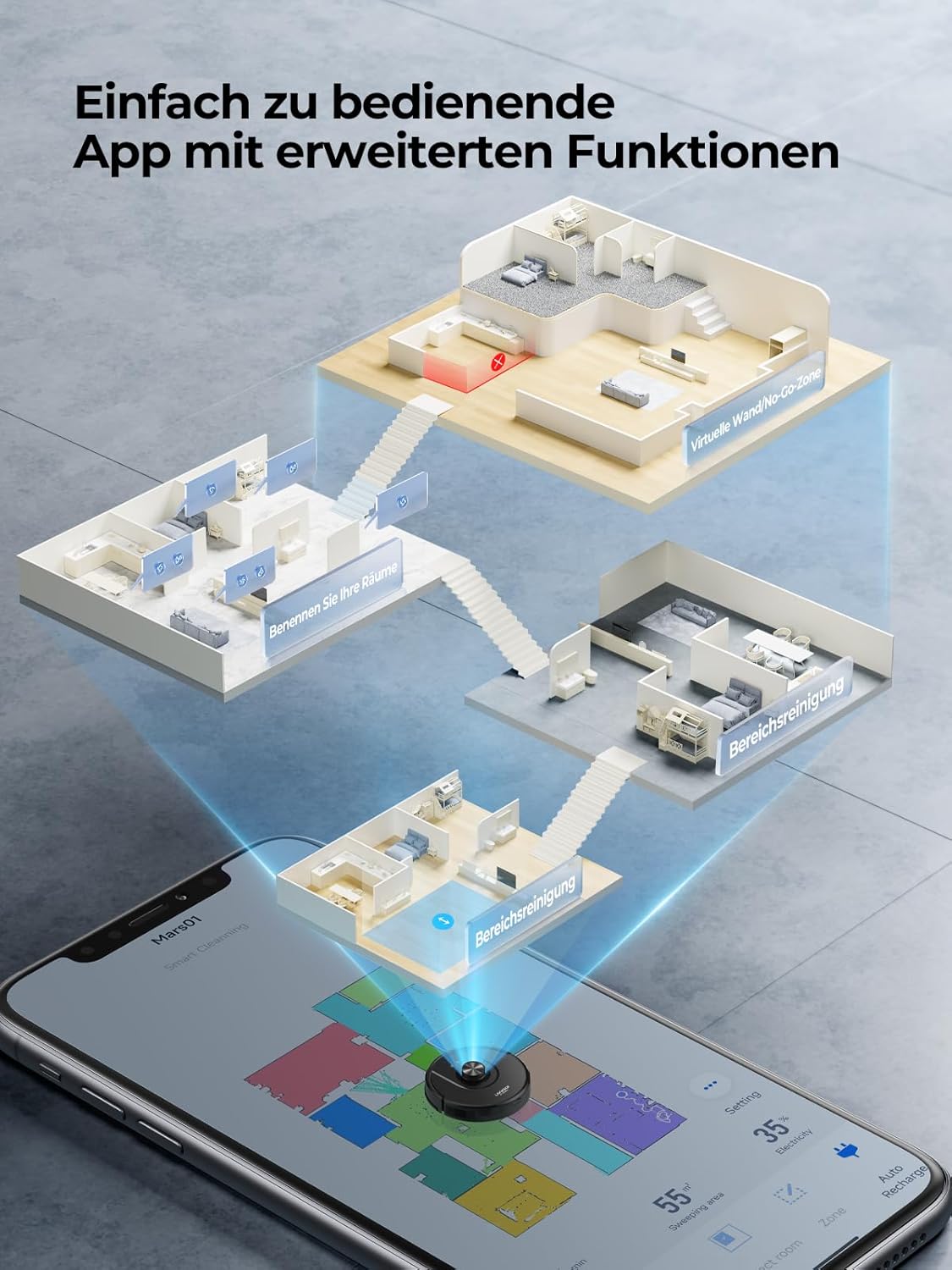 Laresar Clean Saugroboter mit Wischfunktion 3 in 1, 5000Pa Staubsauger Roboter mit Laser Navigation, 180Mins Max, Saugroboter Ideal für Tierhaare,Teppich, Hartboden, APP Steuerung, 15 No-Go