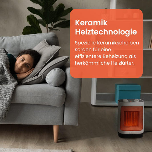 Pro Breeze 2000W Mini Keramik Heizlüfter energiesparend mit automatischer Oszillation, Zwei Leistungsstufen, Kleine Elektroheizung leise für Wohnzimmer, Büro, Terasse - Weiß
