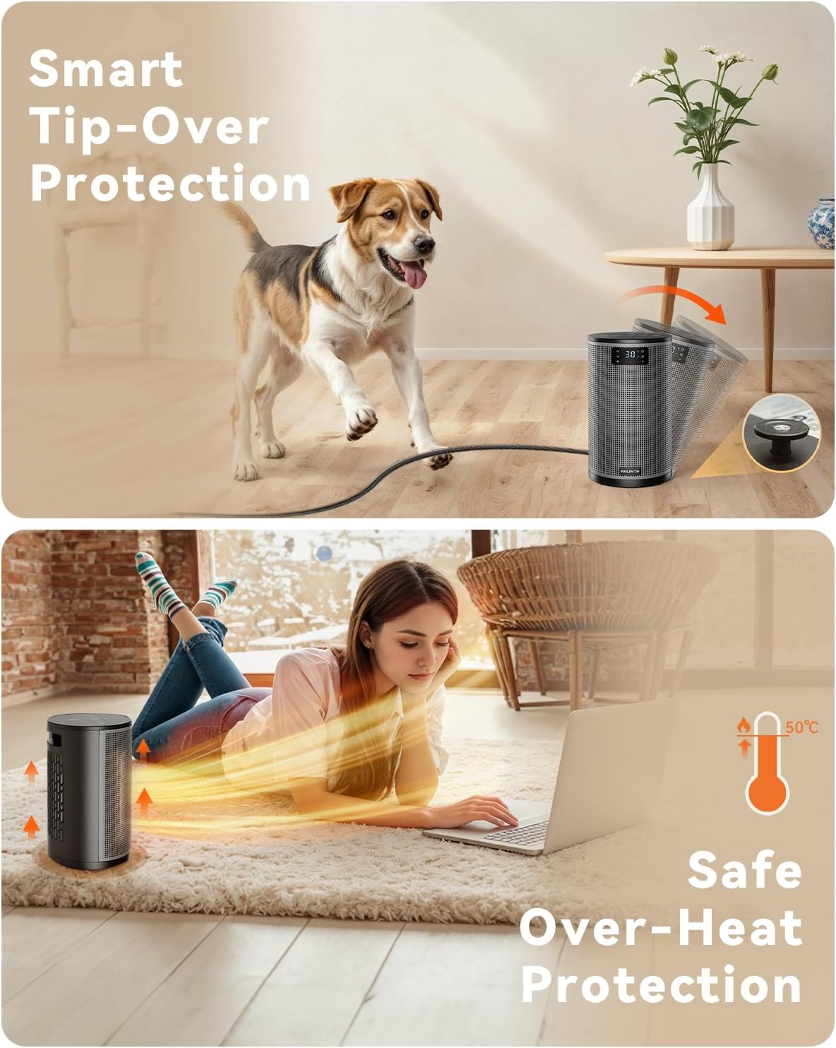 PALINTH Heizlüfter Energiesparend, 1500W Elektroheizung PTC-Keramik Heizung, 4 Modi Tragbare Heizstrahler mit Thermostat, Überhitzung & Tip Over Schutz, 8H Timer, für Indoor