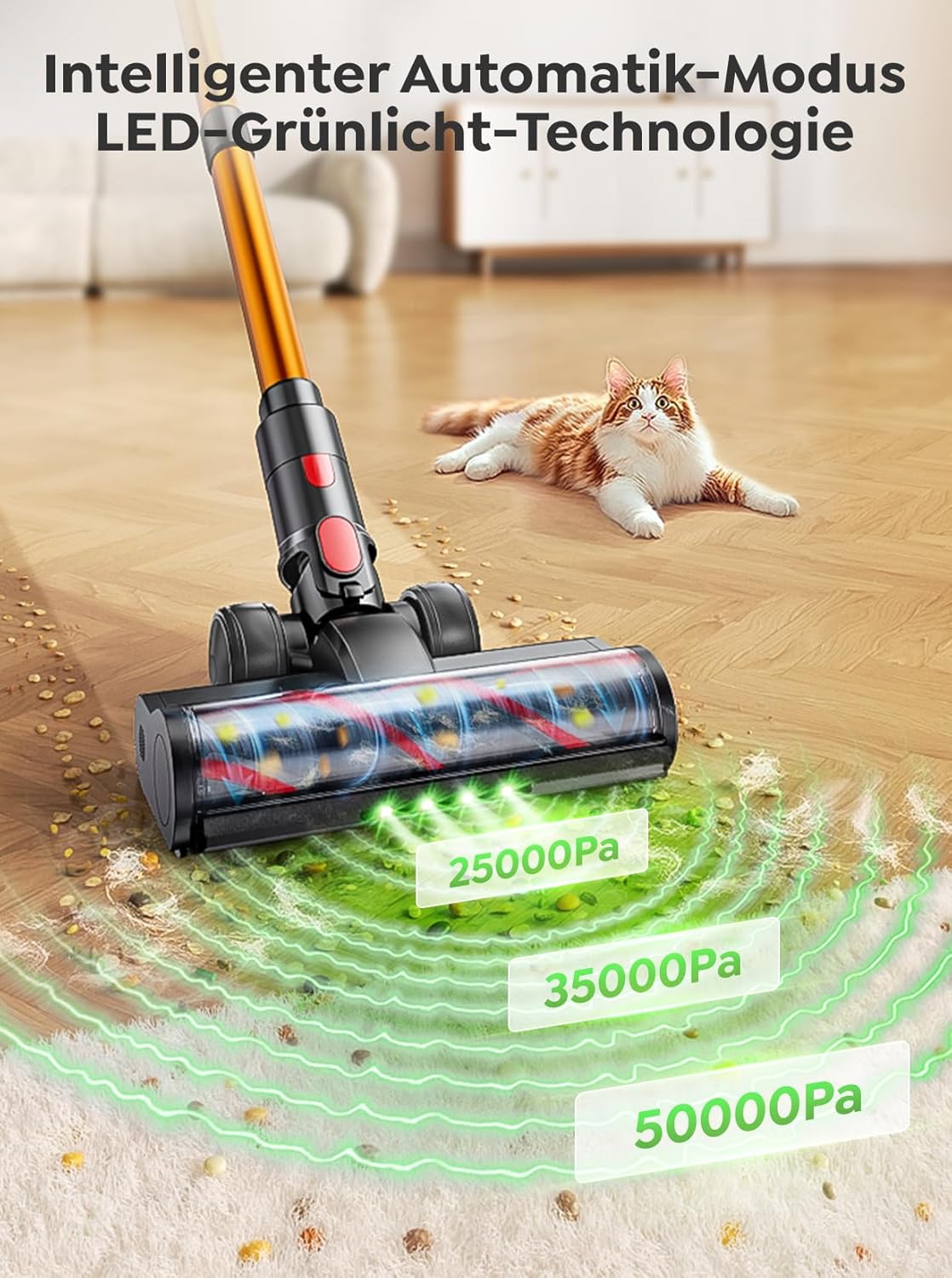 Akku Staubsauger 50KPA/600W/65Min,Selbststehender Staubsauger Kabellos mit 1M Ausziehbarer Schlauch,Wandladestation,Automatikmodus,Anti-Tangle-Bürste,Mehrstufige Filtration für Teppiche/Hartböden/Auto