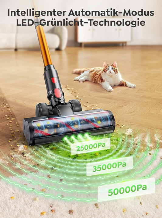 Akku Staubsauger 50KPA/600W/65Min,Selbststehender Staubsauger Kabellos mit 1M Ausziehbarer Schlauch,Wandladestation,Automatikmodus,Anti-Tangle-Bürste,Mehrstufige Filtration für Teppiche/Hartböden/Auto