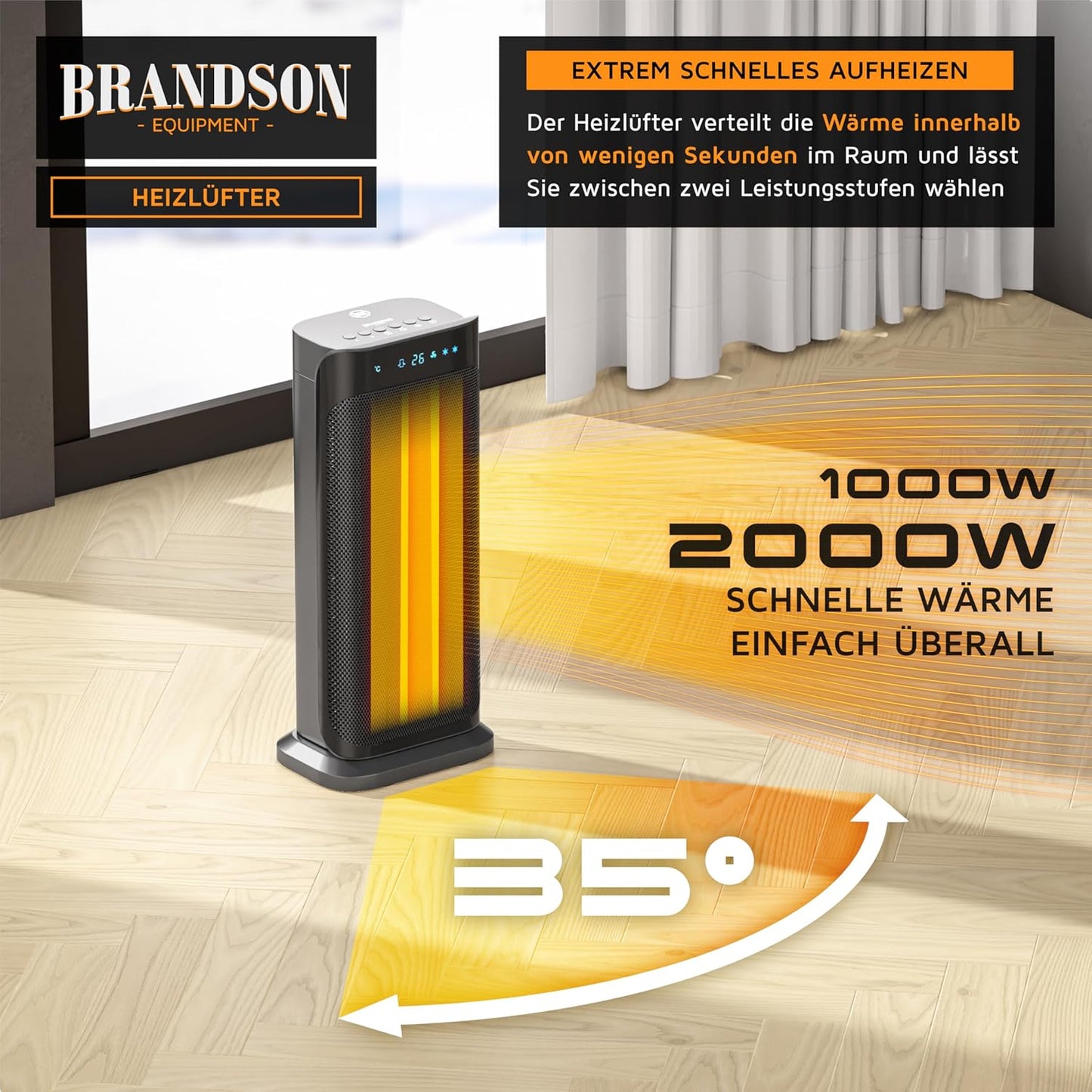 Brandson - Heizlüfter mit Fernbedienung - Preisträger - energiesparend leise Keramik-Heizlüfter Badezimmer - Oszillationsfunktion - Timer - Heizung Heater - GS zertifiziert