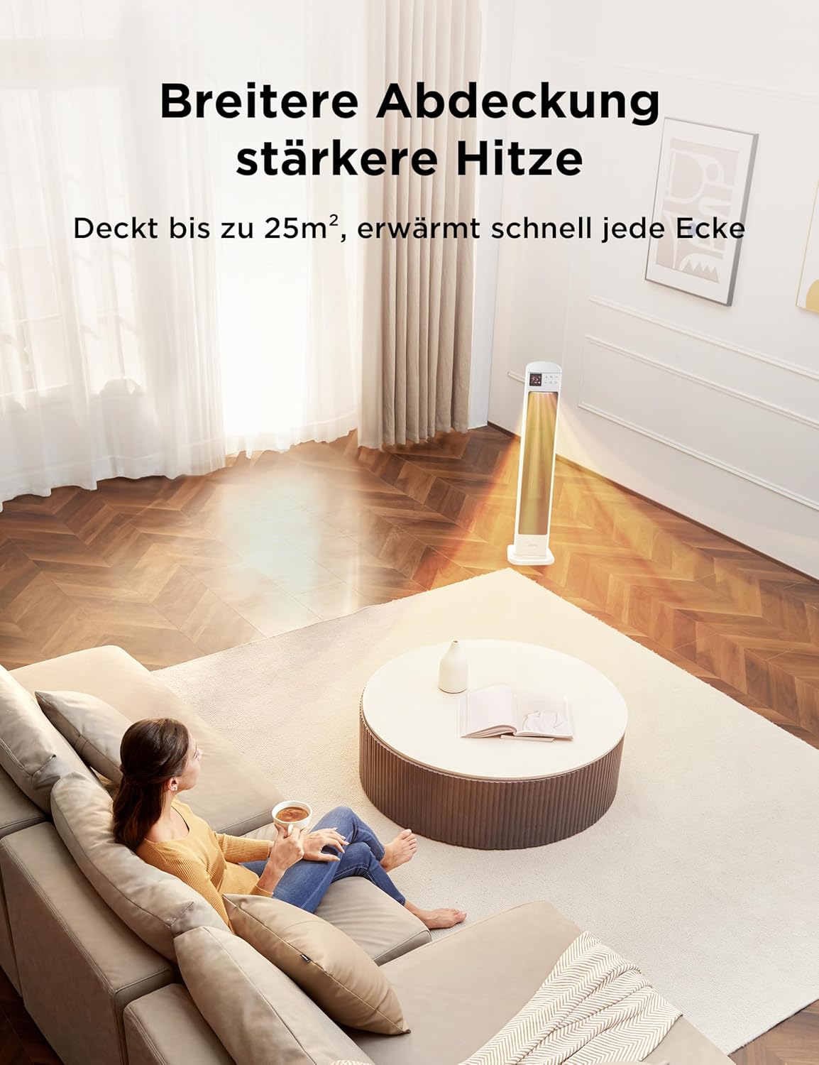Midea NTH20-22ER(WH) Heizlüfter Energiesparend Leise mit Fernbedienung,PTC 2000 Watt Keramik Heizlüfter mit Thermostat, 2 Heizstufen, 24H Timer, ECO-Modus，für große Räume, 75°-Oszillation, 58CM, Weiß