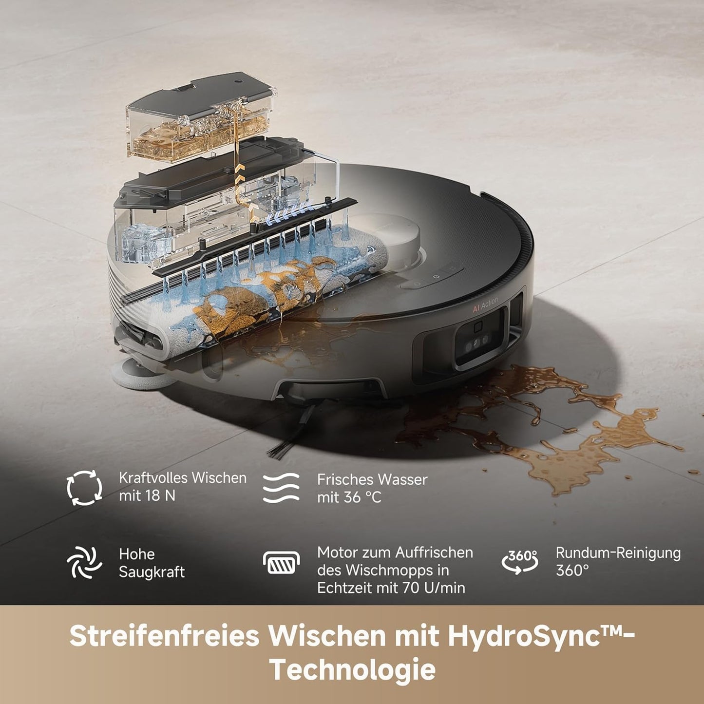 Mova V50 Ultra Complete Saugroboter mit Wischfunktion 24.000 Pa, 6cm Hindernisüberwindung, Liftable Navigation+RGB AI+LED, 80℃ Heißwasserwäsche & 63℃ Selbsttrocknung, DuoSolution System, Tricut Bürste