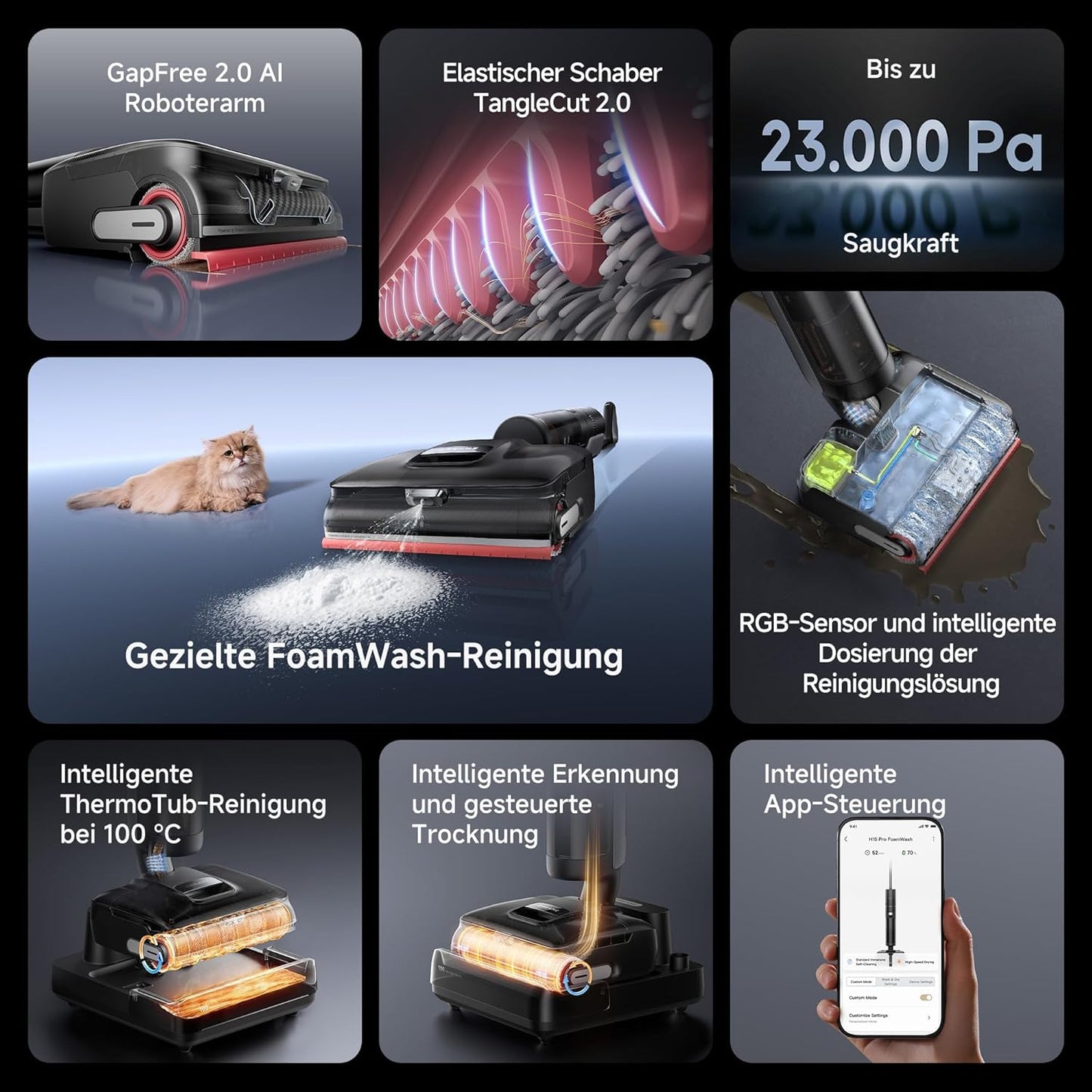 dreame H15 Mix 7-in-1 Nass- und Trockensauger, KI-Roboterarm, Kantenreinigung, 23.000 Pa Saugkraft, intelligente Dosierung, verhedderungsfrei, 100 °C Bürstenrein, 5 Min. 90 °C Trocknung, flach