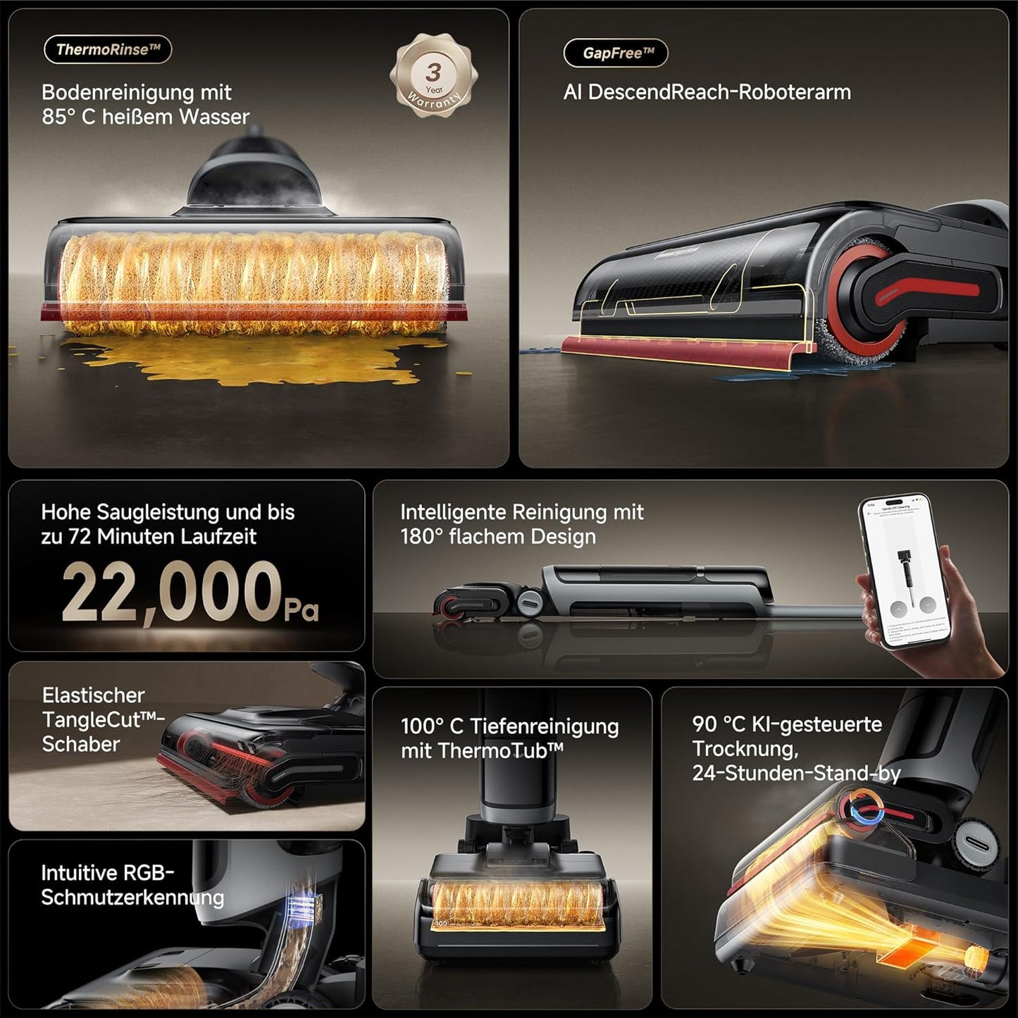 dreame H15 Mix 7-in-1 Nass- und Trockensauger, KI-Roboterarm, Kantenreinigung, 23.000 Pa Saugkraft, intelligente Dosierung, verhedderungsfrei, 100 °C Bürstenrein, 5 Min. 90 °C Trocknung, flach