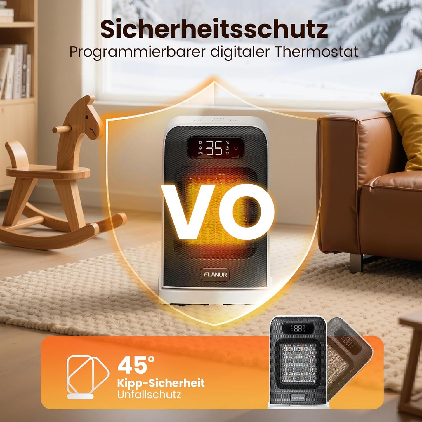 FLANUR Tragbarer Heizlüfter mit Thermostat, 1500W PTC-Keramik-Schnellheizung & ECO-Modus - 2-in-1-Heizlüfter, Digitalanzeige, 12-Stunden-Timer, unter 35dB leiser Heizlüfter-Schwarz, 1Pack+2Modes