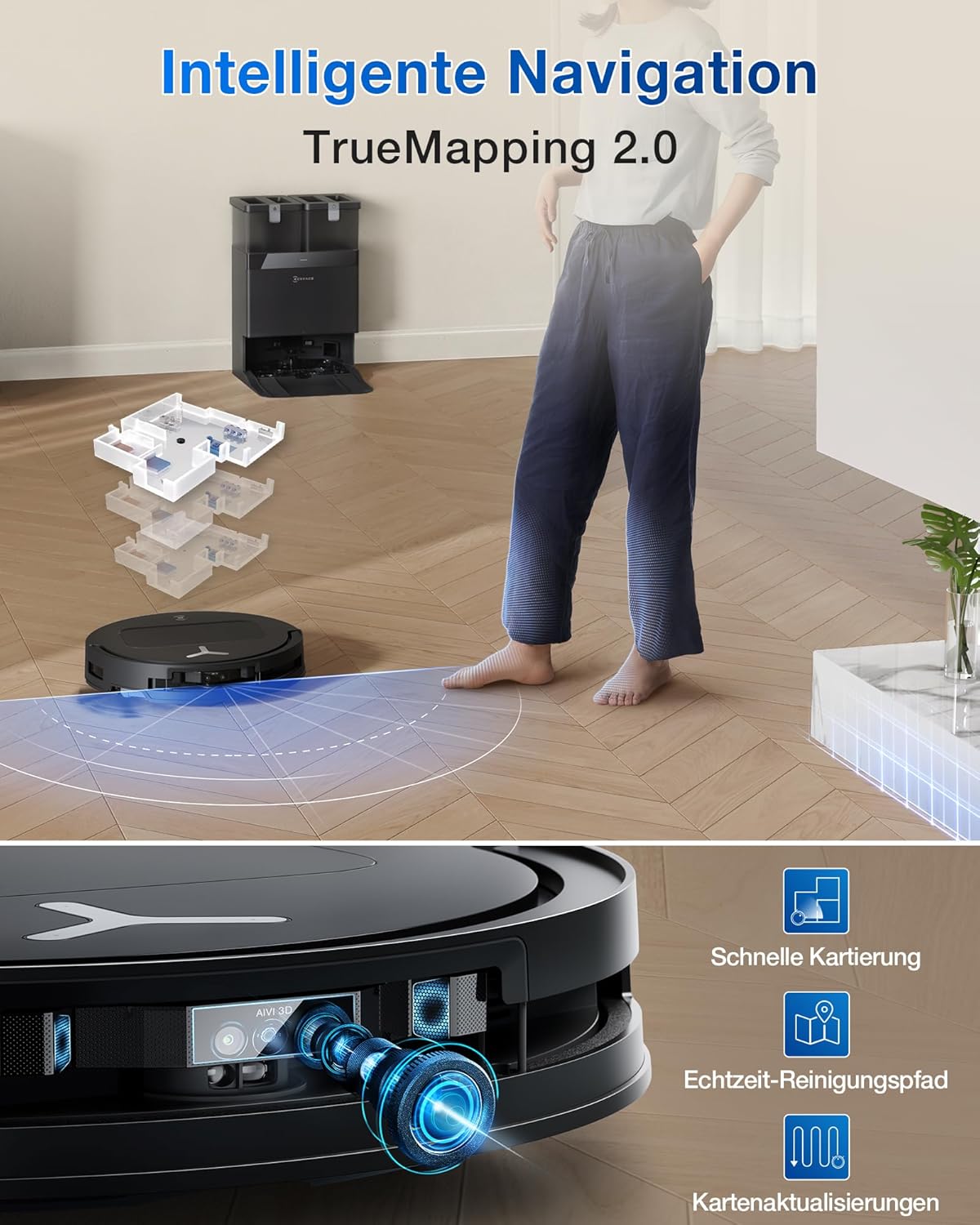 ECOVACS DEEBOT T50 Omni Saugroboter mit Wischfunktion,15.000 Pa, T30 Omni-Upgrade, Ausziehbare Seitenbürste und Mopp, ZeroTangle 2.0, Moppwäsche mit 75°C heißem Wasser, All-in-One Station