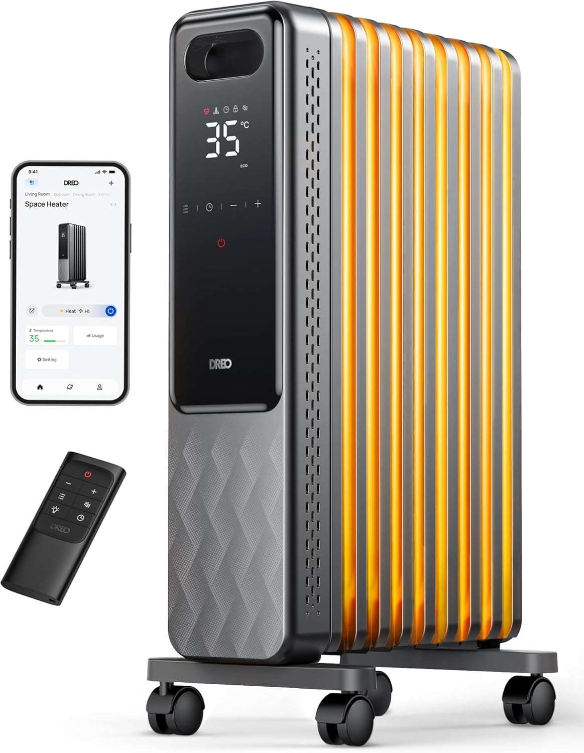 Dreo Ölradiator Energiesparend 2000W, Mobile Elektroheizung 9 Rippen mit Fernbedienung, 3 Heizstufen, 4 Modus, 24h Timer, Überhitzungs-Kippschutz, Radiatoren Elektrisch Heizung mit Thermostat, OH310