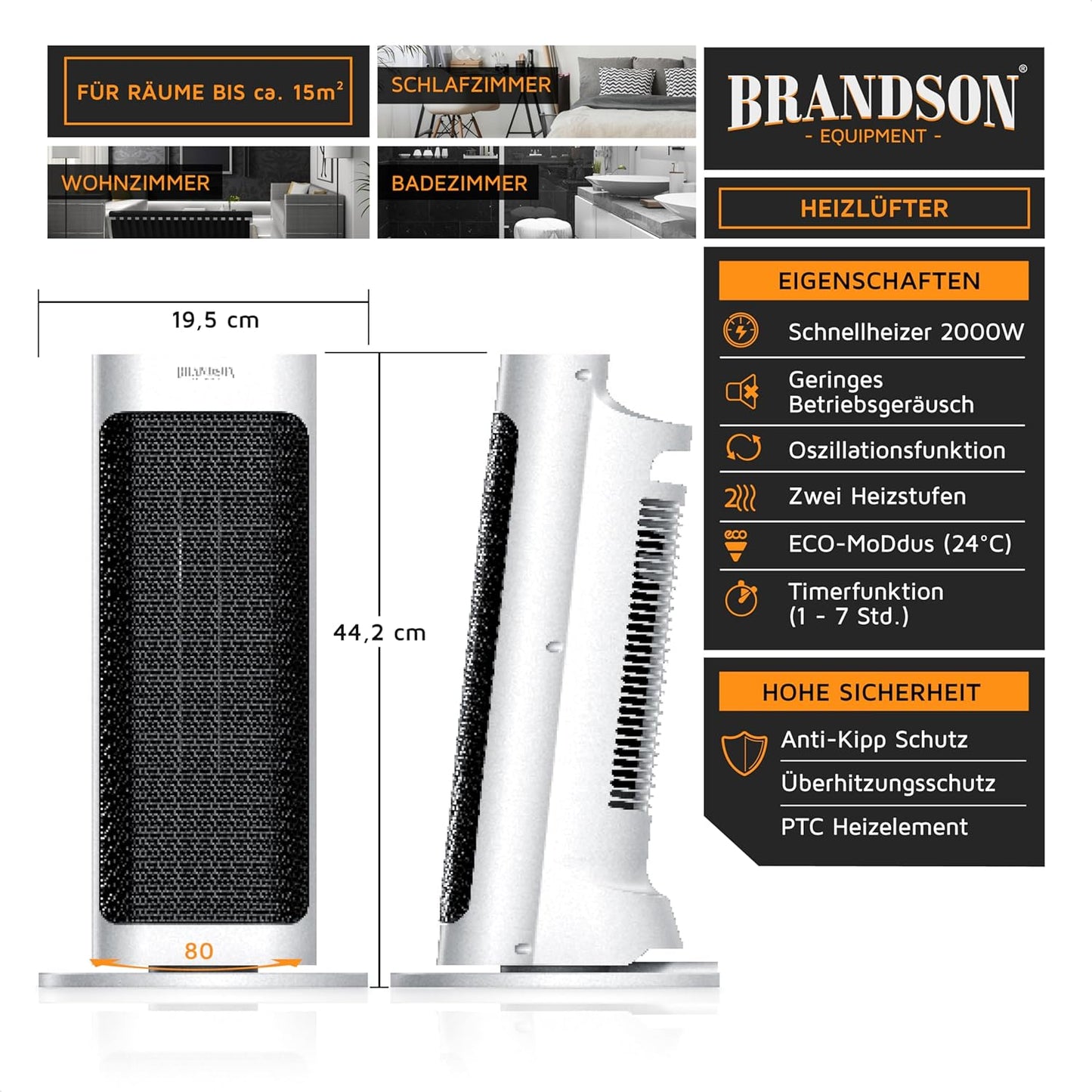 Brandson - Heizlüfter mit Fernbedienung - Preisträger - energiesparend leise Keramik-Heizlüfter Badezimmer - Oszillationsfunktion - Timer - Heizung Heater - GS zertifiziert