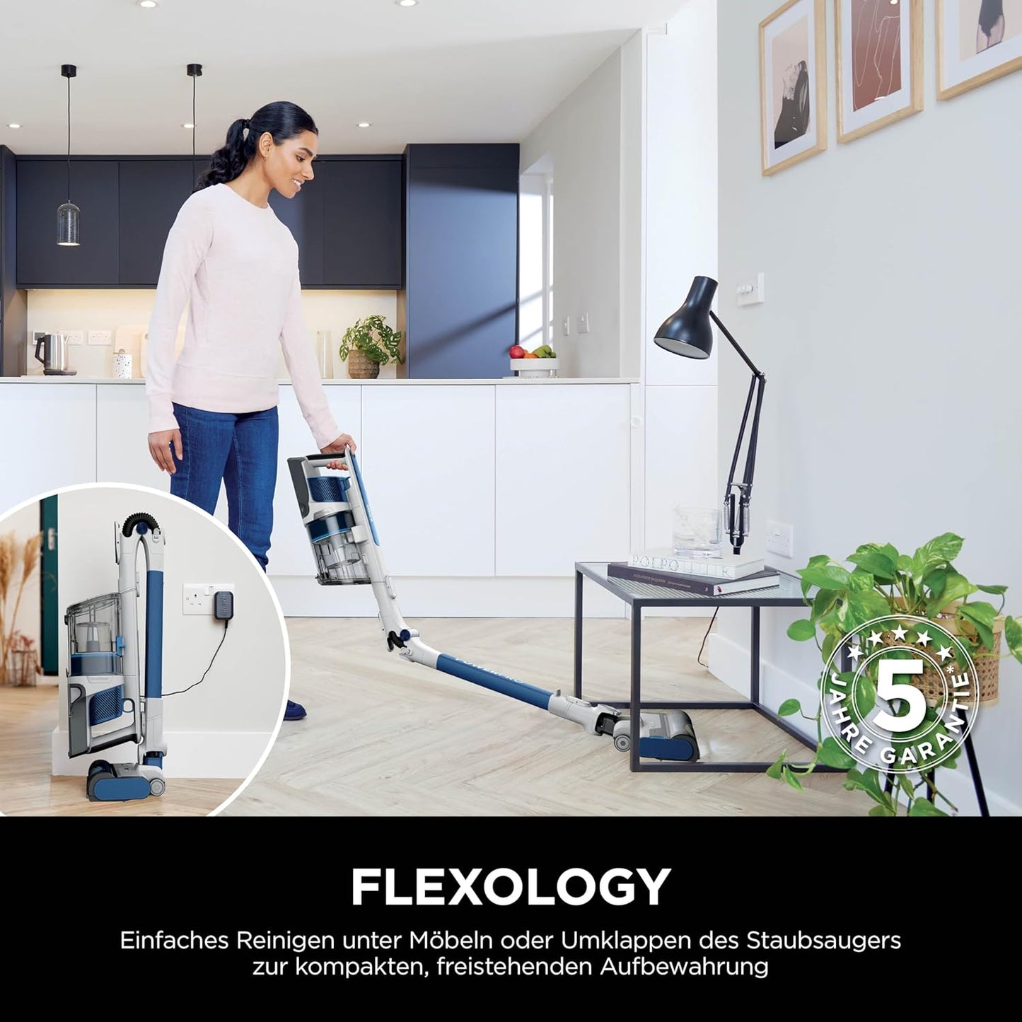 Shark PowerPro Akku-Staubsauger freistehend, bis 50 Min. Laufzeit, kabellos, beutellos, für Tierhaare, Allergiker, Teppich und Hartböden, mit LED-Licht und Knickgelenk-Rohr, Navyblau, IZ380EU