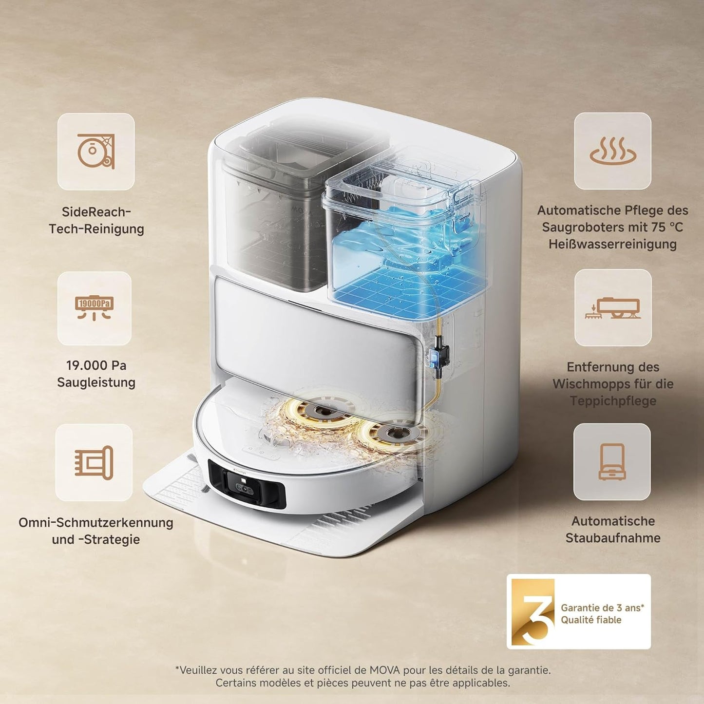 Mova P50 Pro Ultra Staubsaugerroboter mit Mopp, 19.000 Pa, 75℃ Selbstreinigender Heißwasser-Mopp mit Auszug Seitenbürste, LDS-Navigation,+RGB AI+LED-Hindernisvermeidung, Auto-Entleerung/Nachfüllen