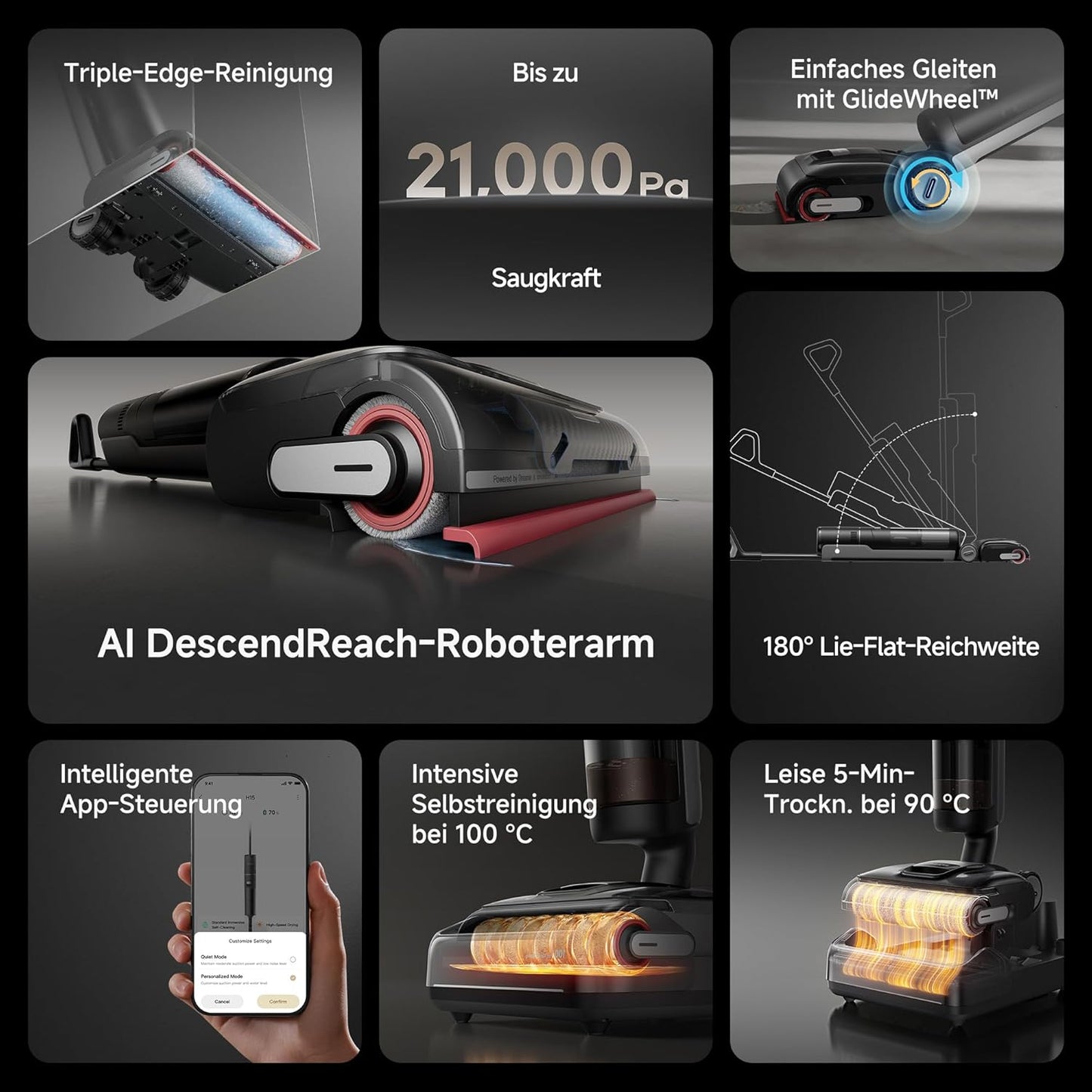 dreame H15 Mix 7-in-1 Nass- und Trockensauger, KI-Roboterarm, Kantenreinigung, 23.000 Pa Saugkraft, intelligente Dosierung, verhedderungsfrei, 100 °C Bürstenrein, 5 Min. 90 °C Trocknung, flach