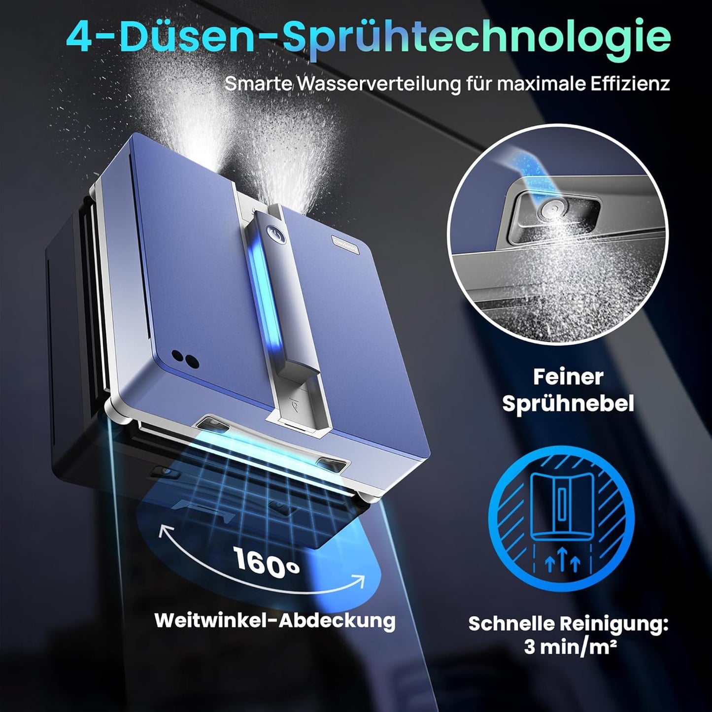 ClevioniQ X9 Pro Elektrischer Fensterputzer – Intelligenter Fensterputzroboter mit 4-Wege-Sprühfunktion, Präziser Navigation, Randerkennung, LED-Status, Leisem Betrieb & Deutscher Sprachausgabe