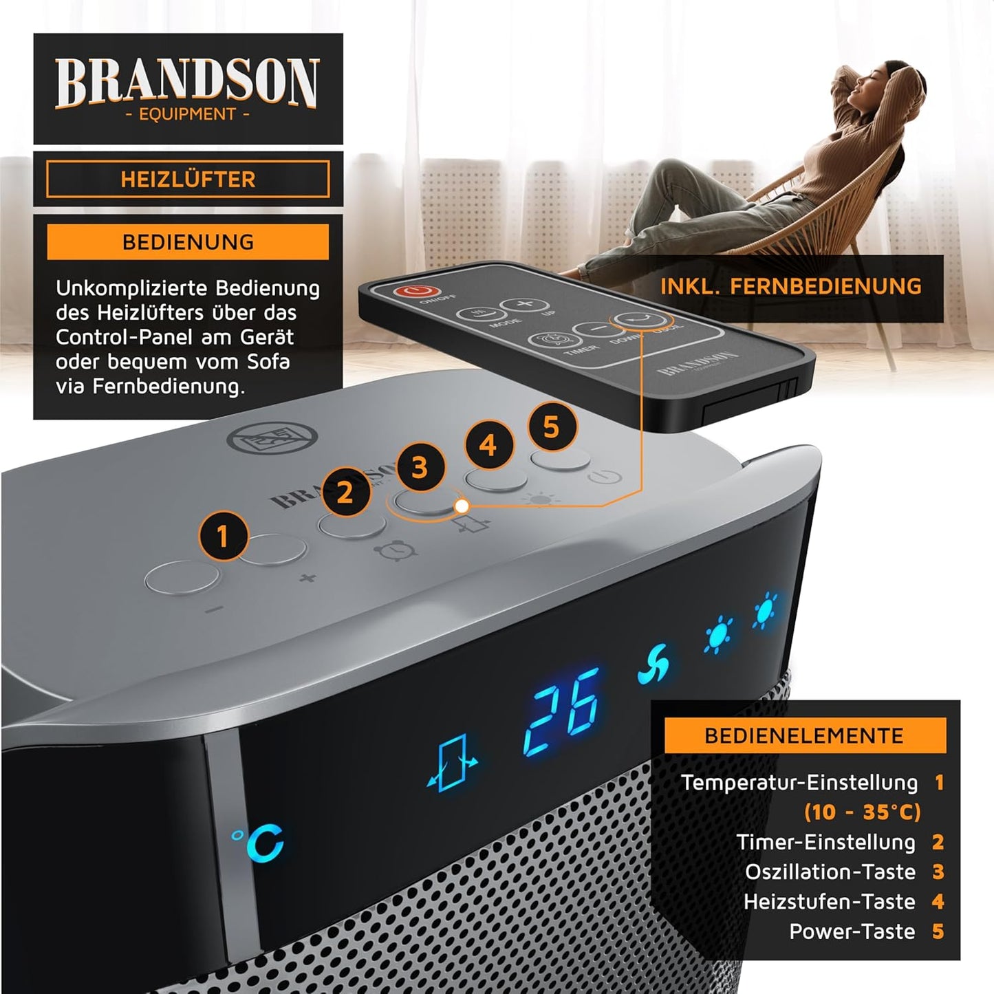 Brandson - Heizlüfter mit Fernbedienung - Preisträger - energiesparend leise Keramik-Heizlüfter Badezimmer - Oszillationsfunktion - Timer - Heizung Heater - GS zertifiziert